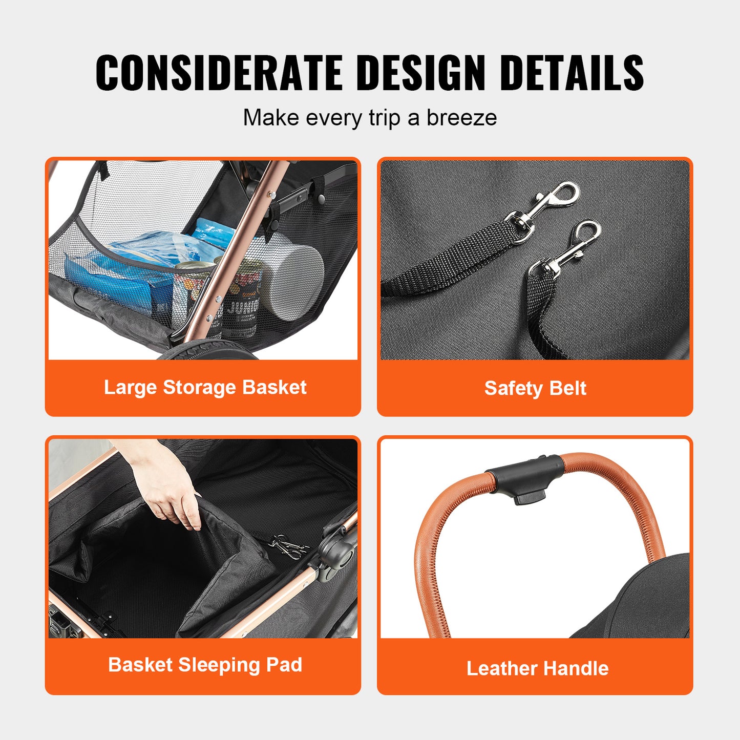 VEVOR Pet Stroller, 3/4 Wheels Dog Stroller Rotate with Brakes, 66/75 lbs Weight Capacity, Puppy Stroller with Detachable Carrier, Storage Basket and Pet Pad, for Small to Medium Sized Dogs, Black
