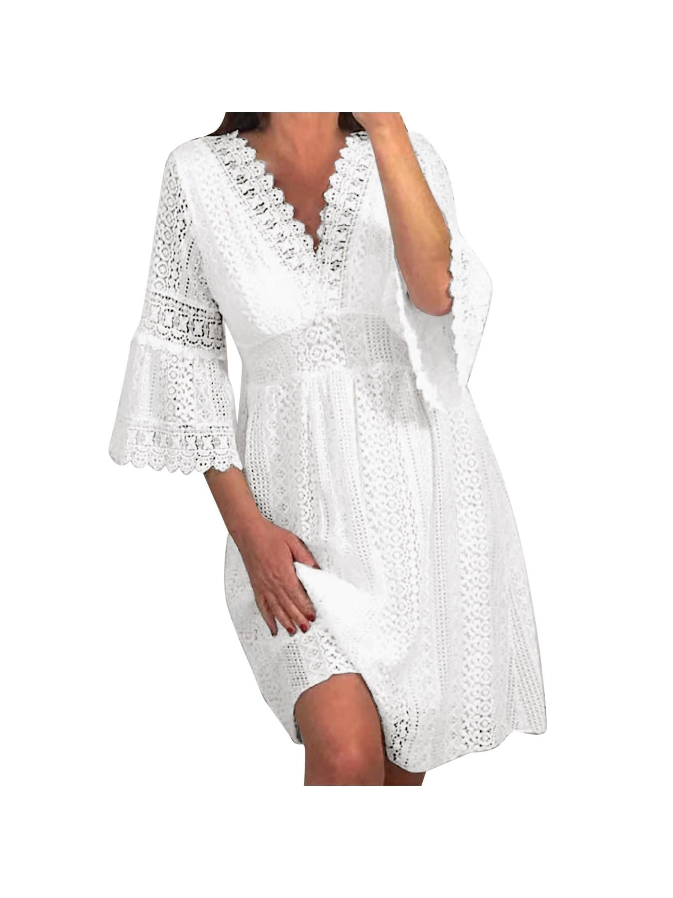 Solid Color 3/4 Sleeve Maternity Dress with V Neck And Hollow Lace Flare Sleeves for Expecting Mothers
