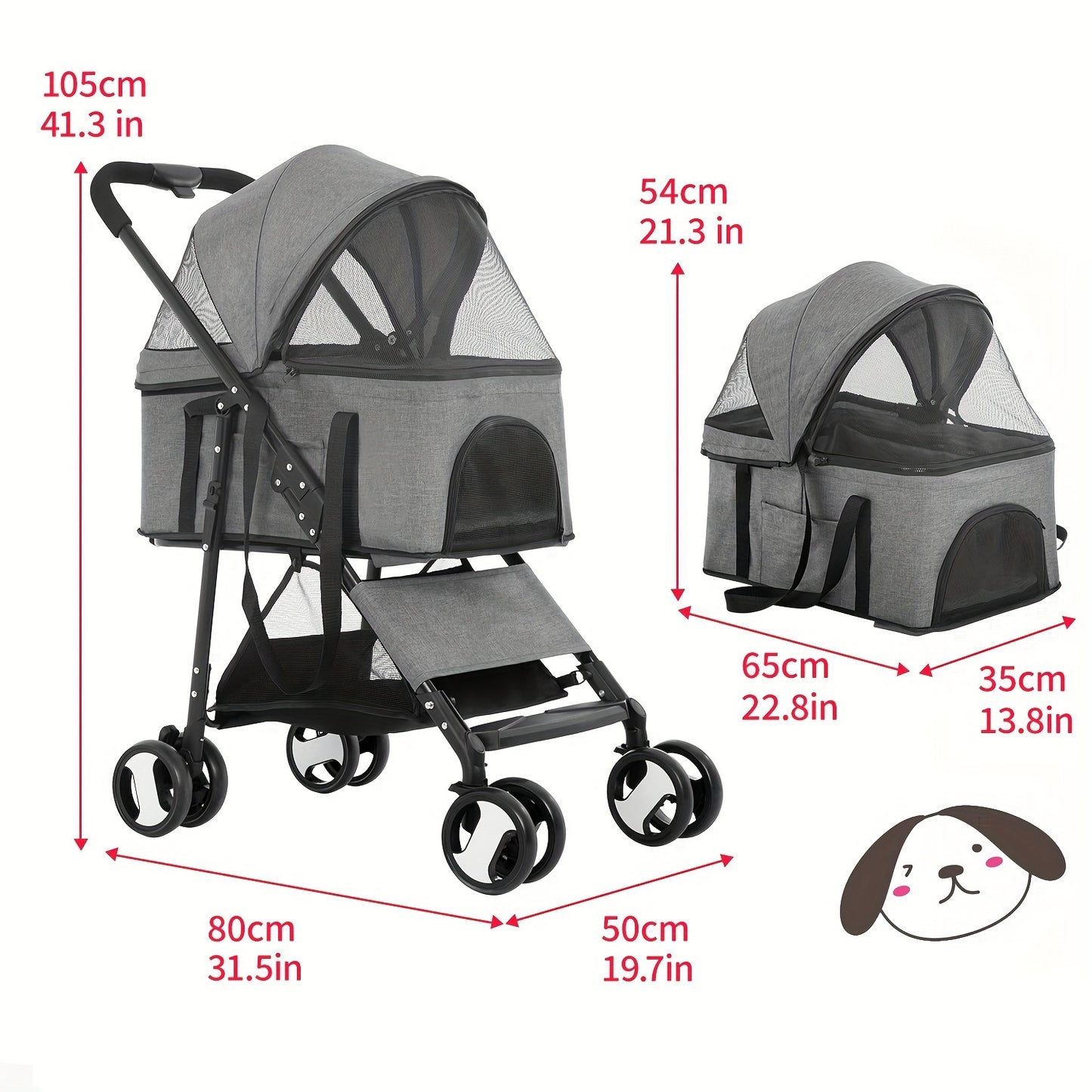 3-in-1 Multifunction Dog Stroller Pet Cat Premium | Jogger Stroller for Medium Small Dogs Cats Detachable Carrier with Storage Basket Waterproof Lightweight Folding for Travel