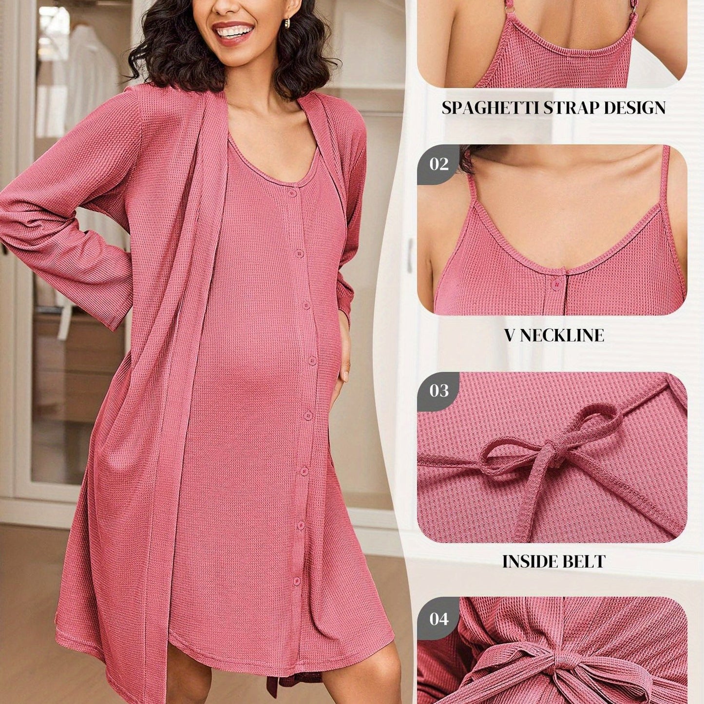 Nursing Maternity Nightgown and Robe, 2 pc, Suitable for Prenatal and Postpartum Loungewear