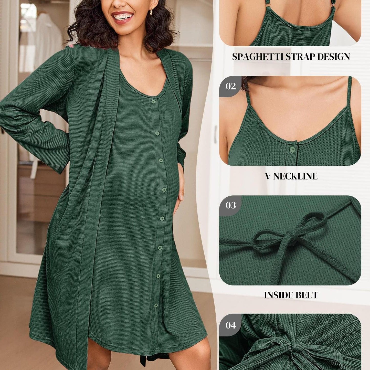 Nursing Maternity Nightgown and Robe, 2 pc, Suitable for Prenatal and Postpartum Loungewear