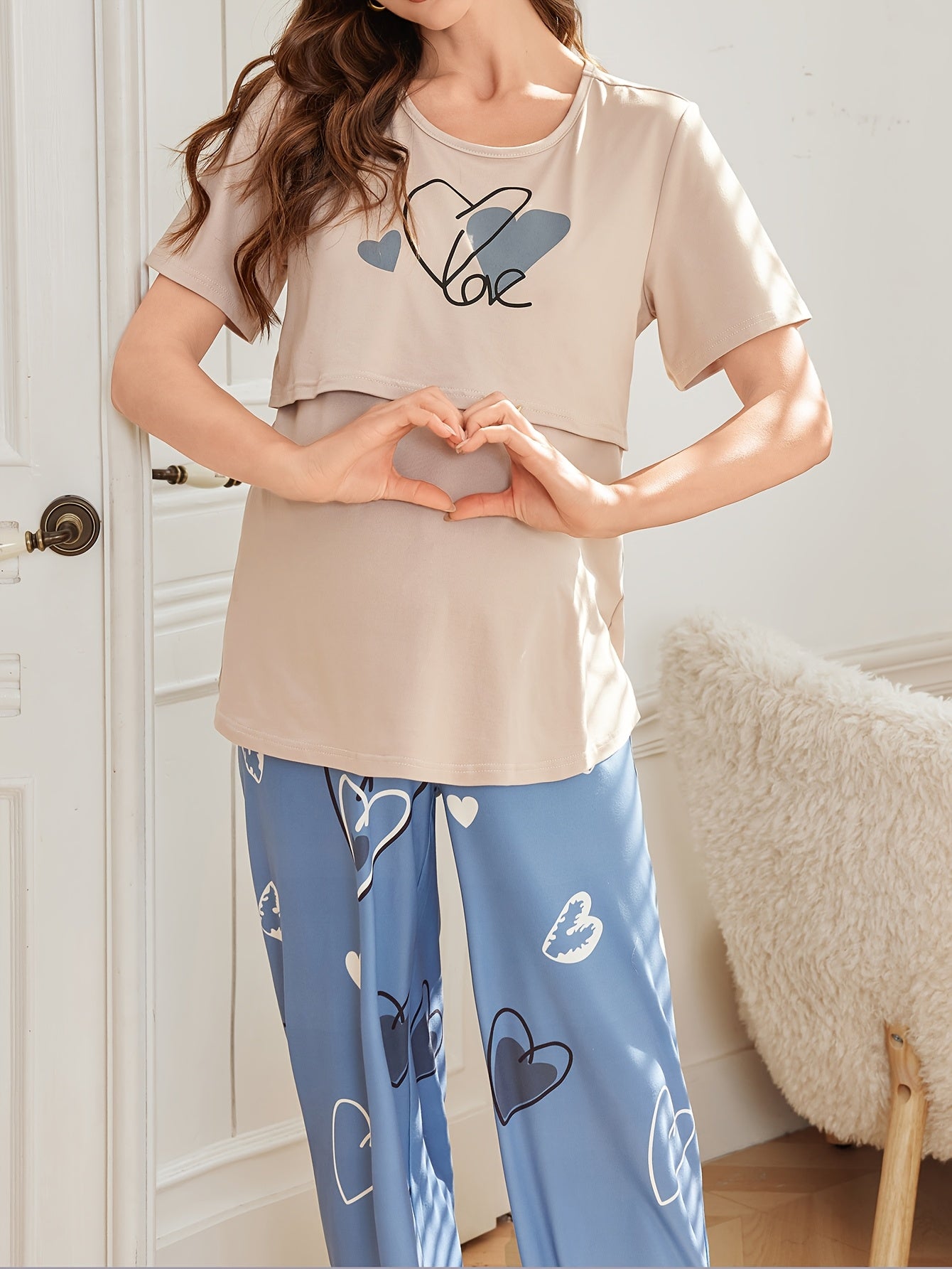 Nursing Maternity Color-Blocked Heart Print • Crossover Nursing Design • Short-Sleeve Long Pants PJ Set