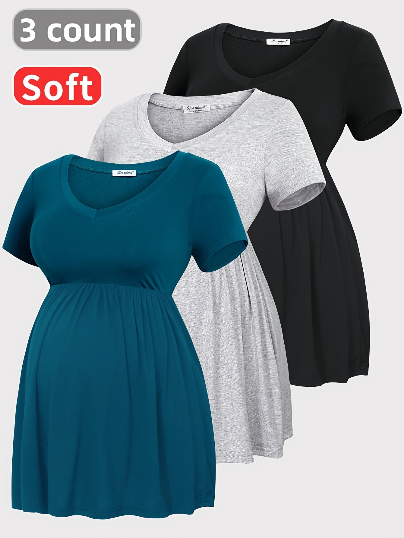 Maternity T-Shirts Soft and Comfortable Summer  3-Pack| Short Sleeve V-Neck, Pleated Hem, Medium Stretch Fabric for Pregnant Women