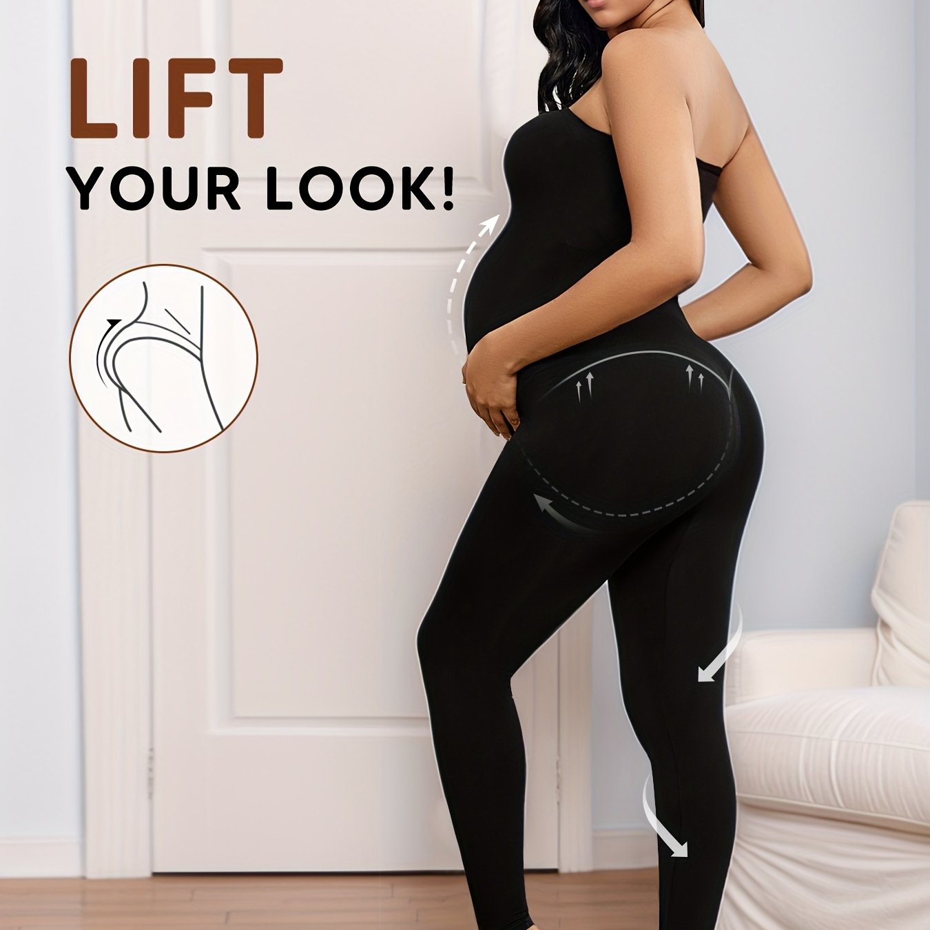 Maternity Bodysuit for Women, Strapless Seamless One-Piece, Stretchy Shapewear Jumpsuit with Under Belly, Elegant Full-Length Wear, Suitable for Prenatal & Postpartum, Machine Washable