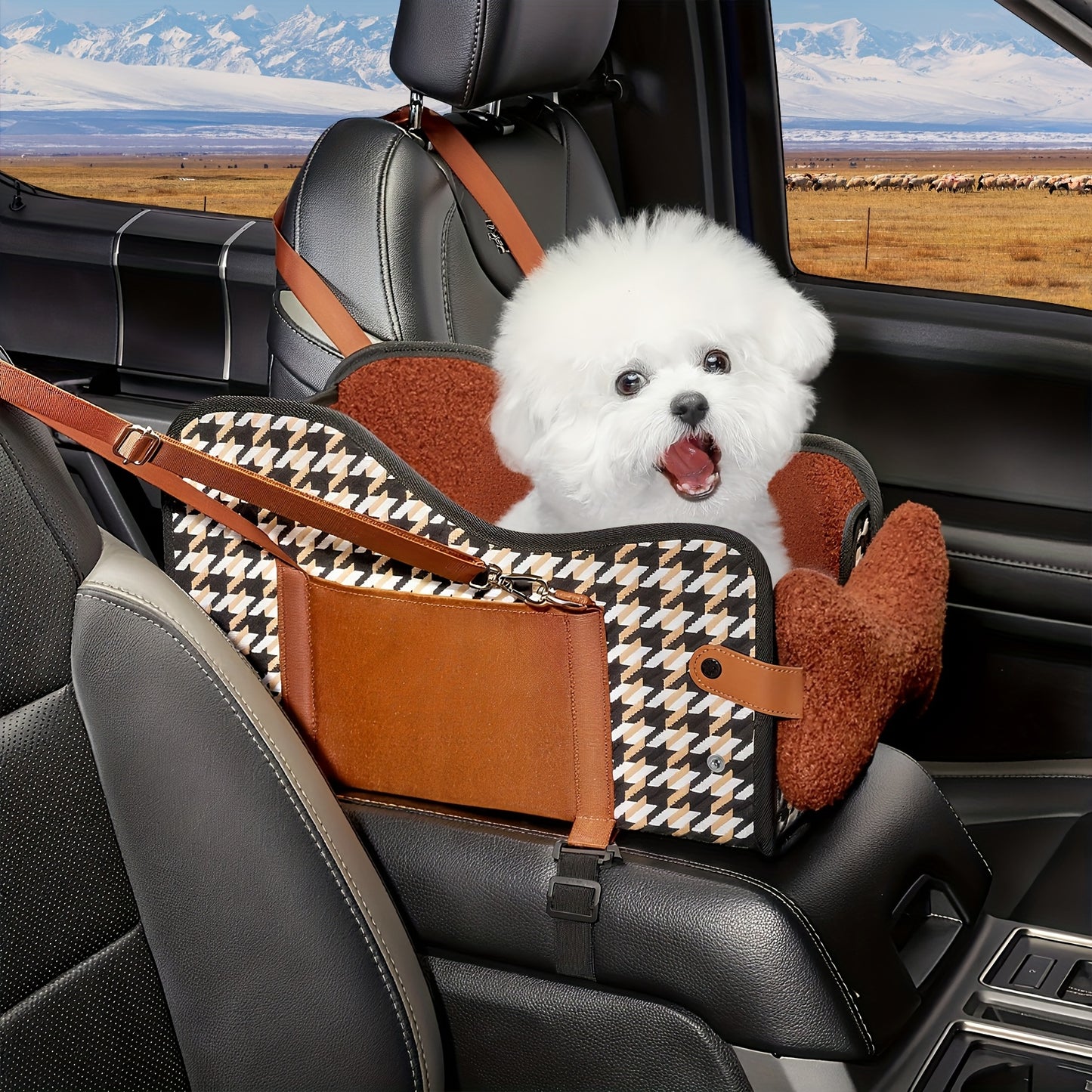 Comfortable Central Console Small/ Medium Dog/Cat Car Seat holds up to 12lbs/ 13.5in, Portable Cozy Booster Car Seat, Deluxe Pet Car Seat for Dogs & Cats with Safety Harness, Breathable Mesh & Soft Padding - for Safe & Comfor