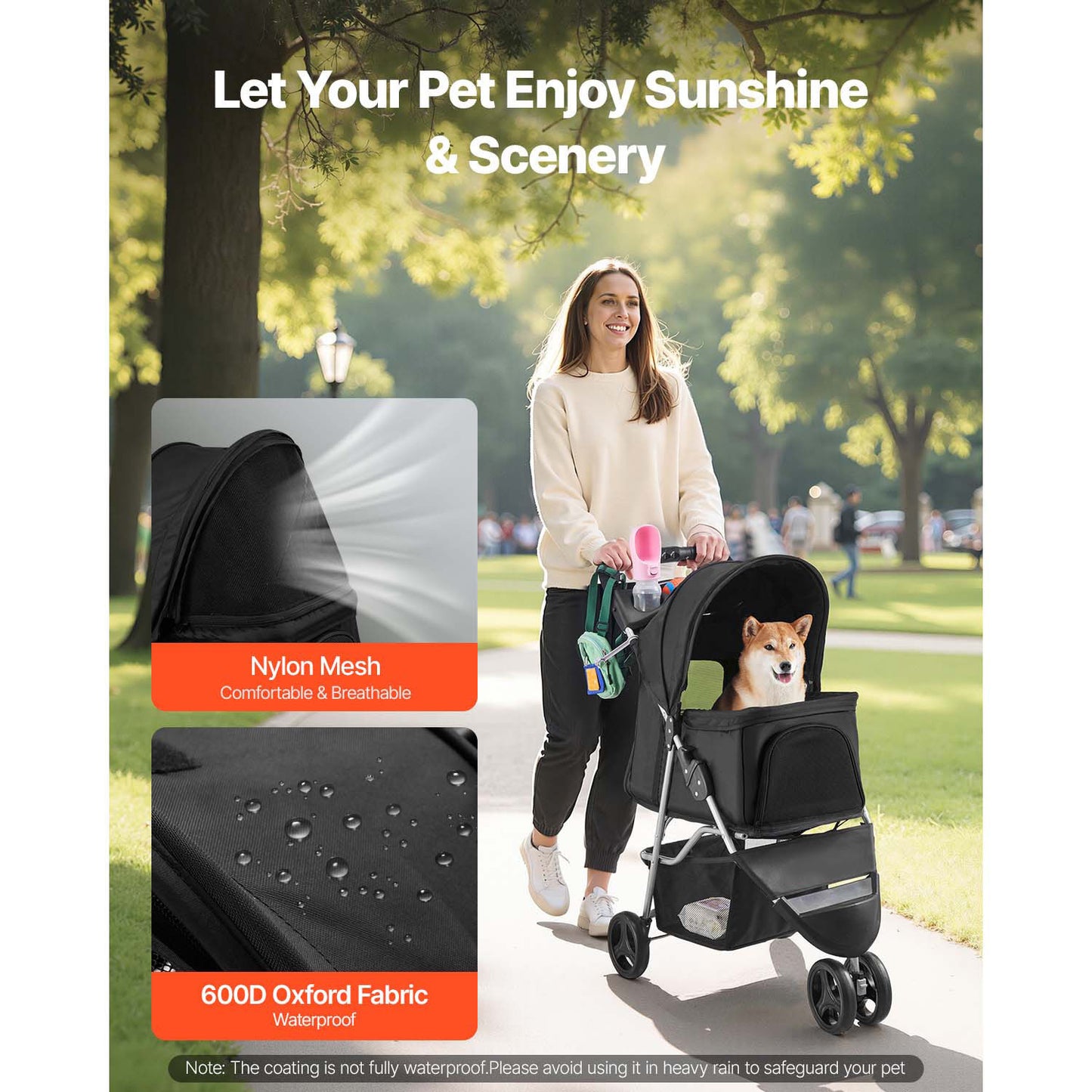Foldable 3-Wheel Heavy-Duty Pet Stroller Cart Suitable for Small to Medium Dogs & Cats - Portable Dog Carrier Cart with Brake System, Cup Holders, Mesh Ventilation & Foldable, 35 Lbs Weight Capacity for Travel, Vet Visits, Ou