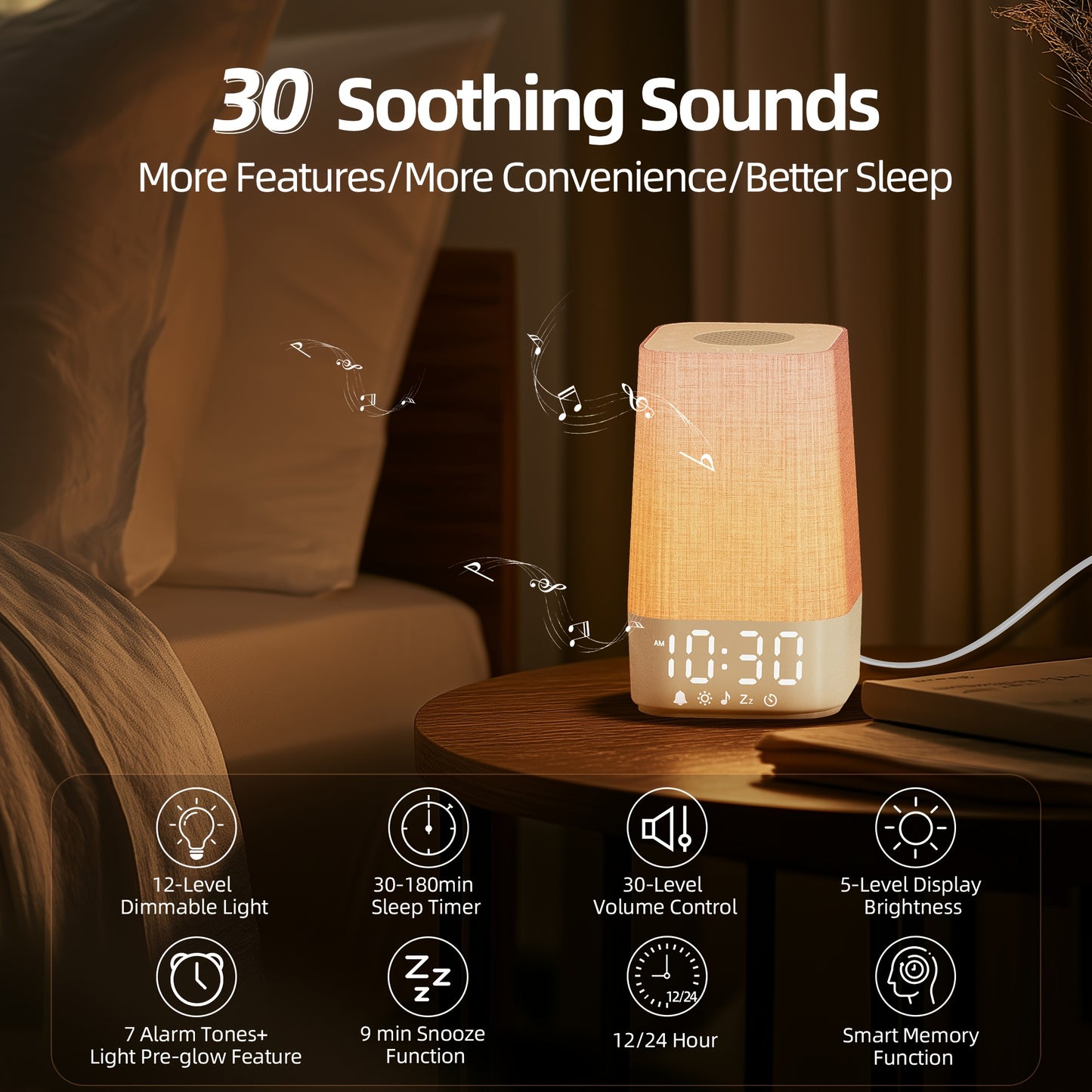 White Noise Machine with 7 Alarm Sounds & 20 Relaxing Music Tracks - Adjustable Volume, Night Light & Timer Suitable for Sleep, Focus Aid - Digital Alarm Clock with Soothing Sound Generator for Adults, Babies and Kids Bedside