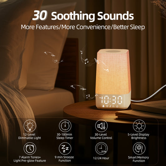 White Noise Machine with 7 Alarm Sounds & 20 Relaxing Music Tracks - Adjustable Volume, Night Light & Timer Suitable for Sleep, Focus Aid - Digital Alarm Clock with Soothing Sound Generator for Adults, Babies and Kids Bedside