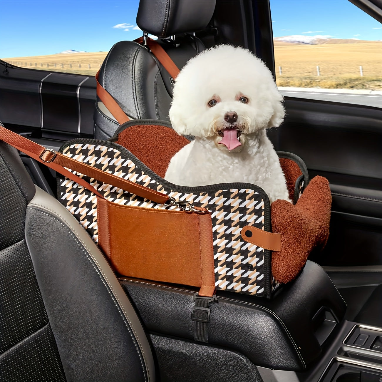 Comfortable Central Console Small/ Medium Dog/Cat Car Seat holds up to 12lbs/ 13.5in, Portable Cozy Booster Car Seat, Deluxe Pet Car Seat for Dogs & Cats with Safety Harness, Breathable Mesh & Soft Padding - for Safe & Comfor
