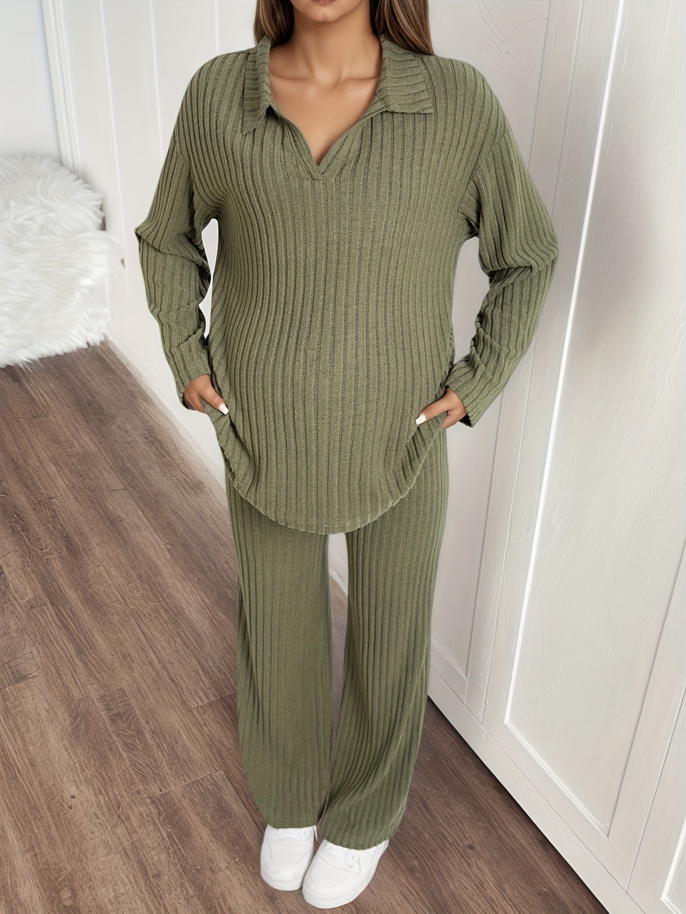 Maternity Loose-Fitting Shirt with Long Sleeves And Adjustable Waistline Straight Pants Set, Autumn