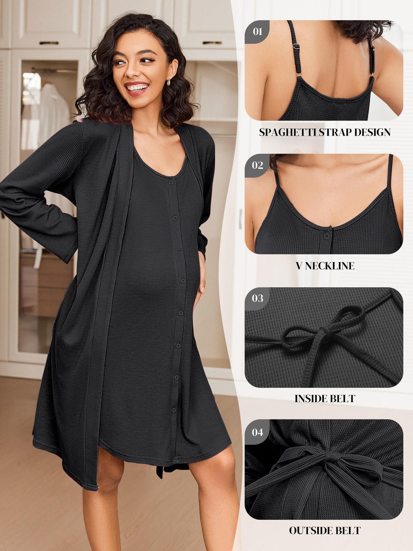 Nursing Maternity Nightgown and Robe Set - 2pcs,  Suitable for Prenatal And Postpartum Lounge wear