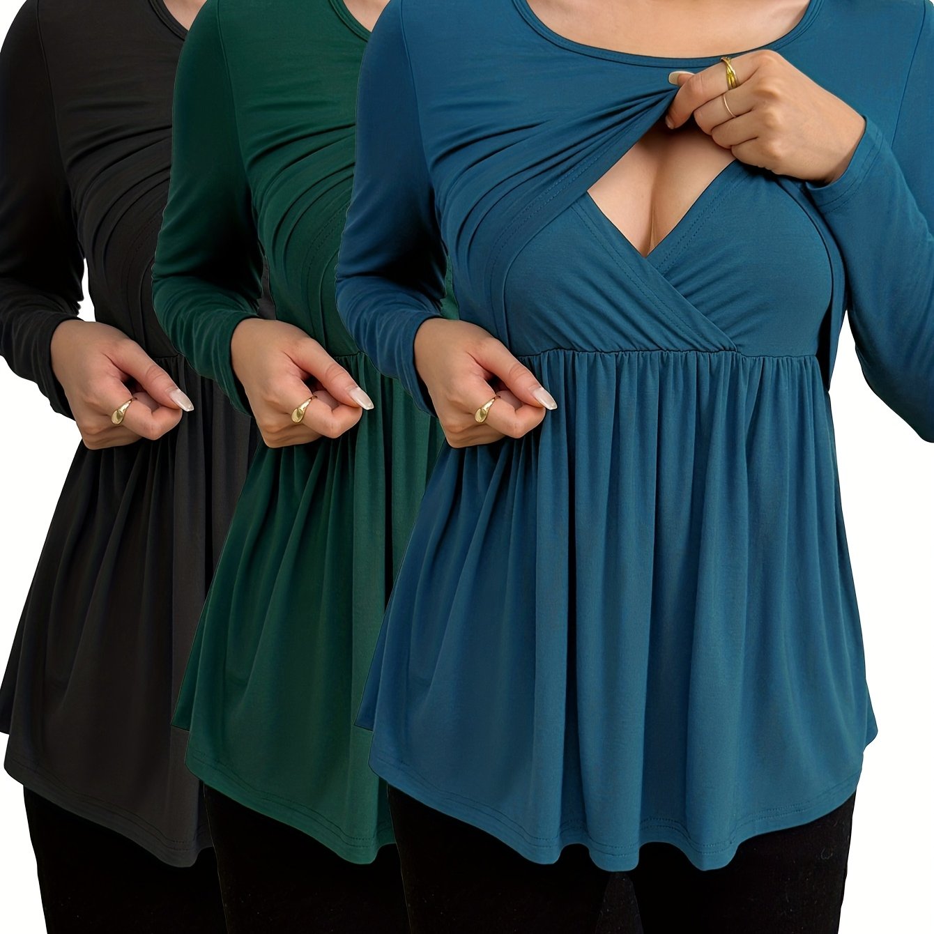 Nursing Tops Long Sleeve Tops with  Breastfeeding Access - Stretchy Pregnancy Shirt, Non-Slip Breastfeeding Friendly, Easy-Care Everyday & Dressy Casual Wear for Women, 3PCS - Black/Teal/ Olive Green - Spring/Fall/Summer