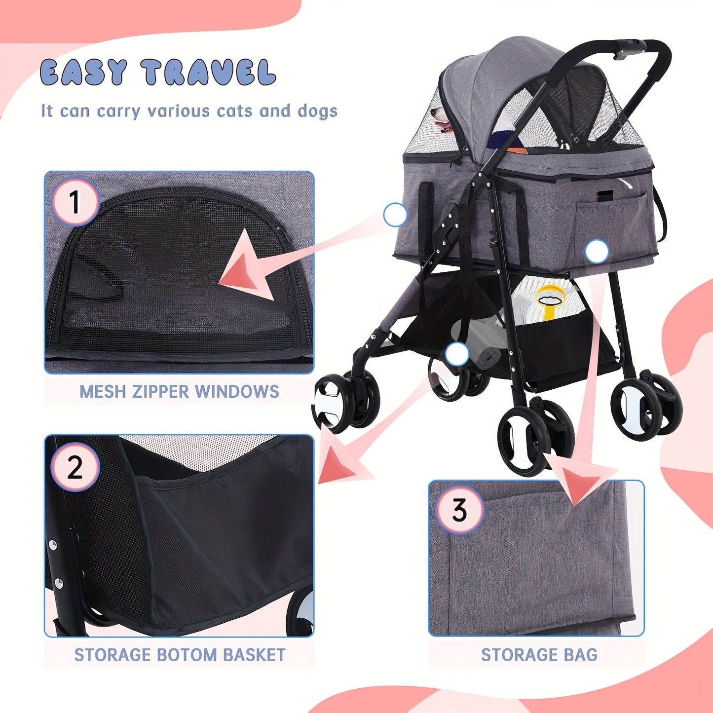 3-in-1 Multifunction Dog Stroller Pet Cat Premium | Jogger Stroller for Medium Small Dogs Cats Detachable Carrier with Storage Basket Waterproof Lightweight Folding for Travel