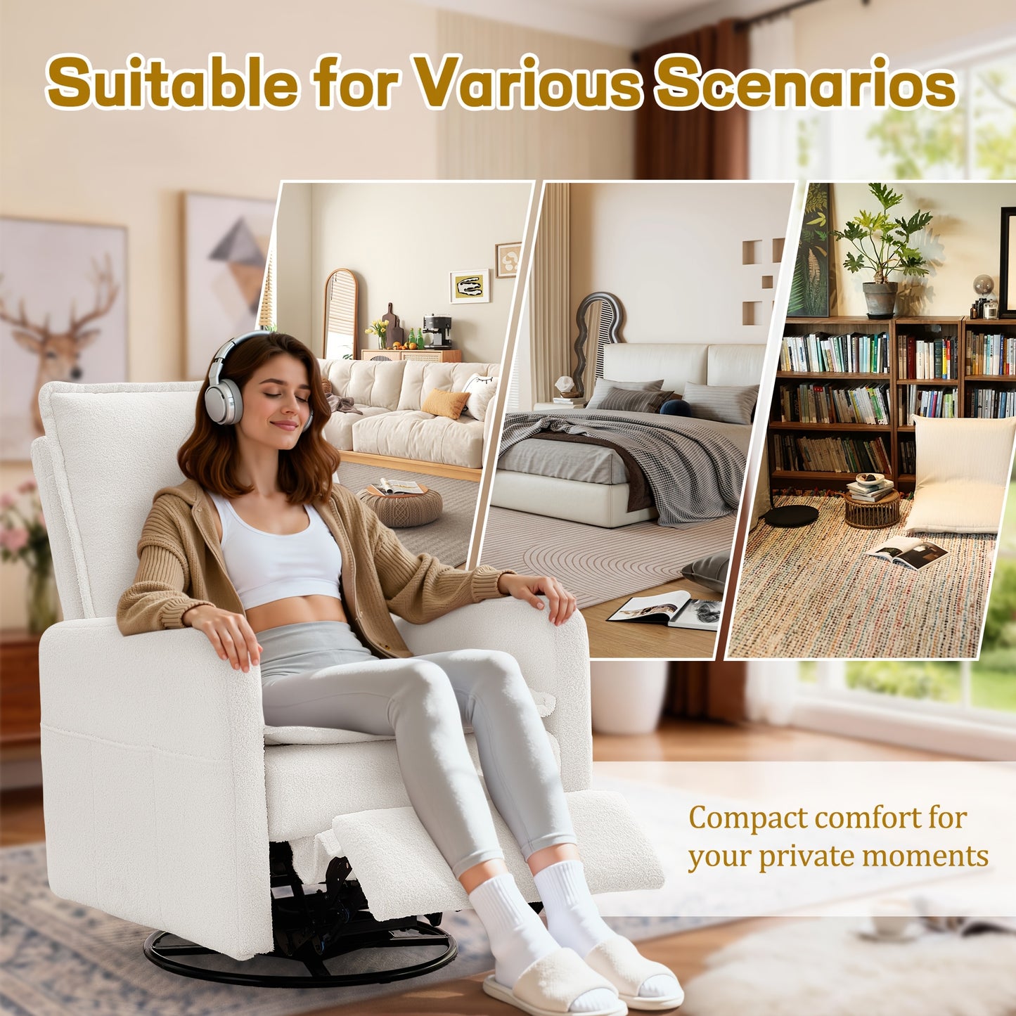 Single Rocking Chair | Teddy Fleece Material, Comfortable Multi-layer Cushion, Manually Adjustable Backrest, Side Pockets, Easy to Assemble
