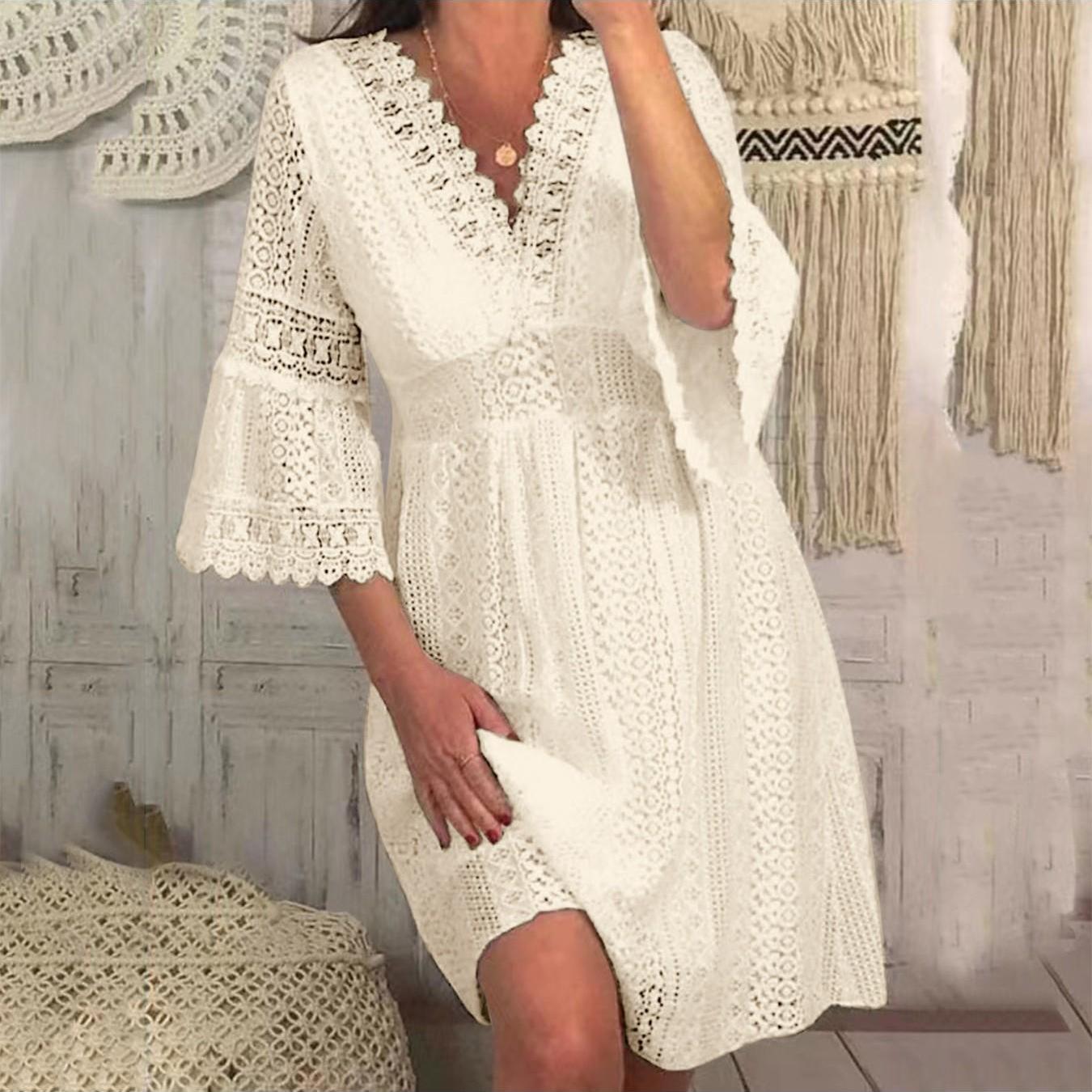 Solid Color 3/4 Sleeve Maternity Dress with V Neck And Hollow Lace Flare Sleeves for Expecting Mothers