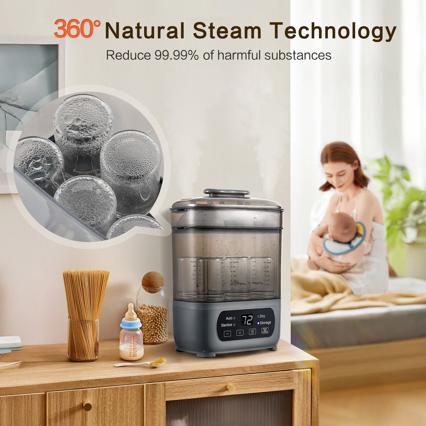 Baby Bottle Steamer and Dryer, 4-in-1 Universal Fit for All Bottles, Easy Control Electric Steam Bottle Dryer for Baby Stuffs & Breast Pump Accessories, LED Touch Screen, Auto Shut-Off, 2 Colours