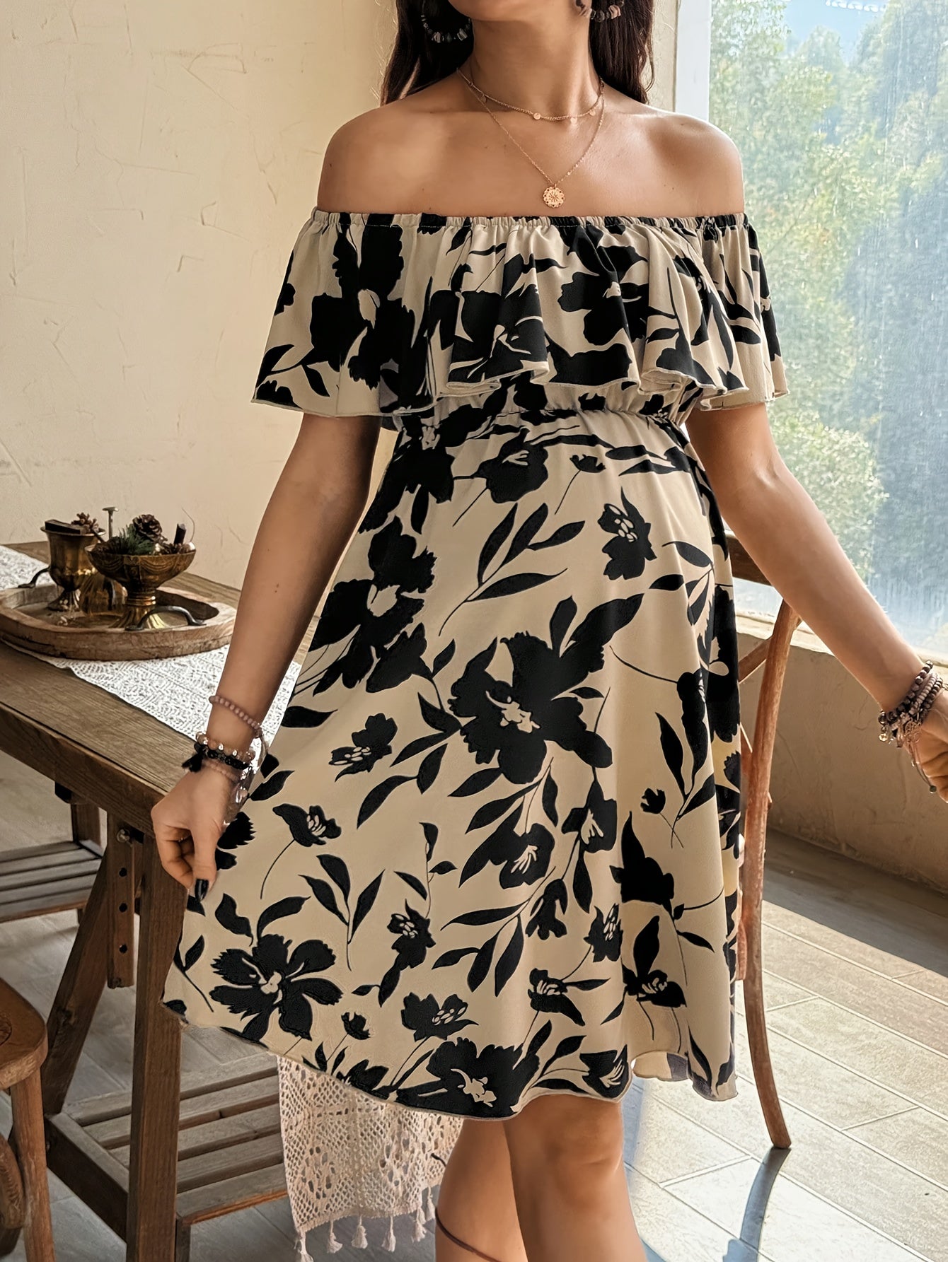 Maternity Floral Print Off-Shoulder - Flowy A-Line Dress with & Floral Pattern, Non-Stretchy Fabric for Pregnancy, Casual & Formal Events
