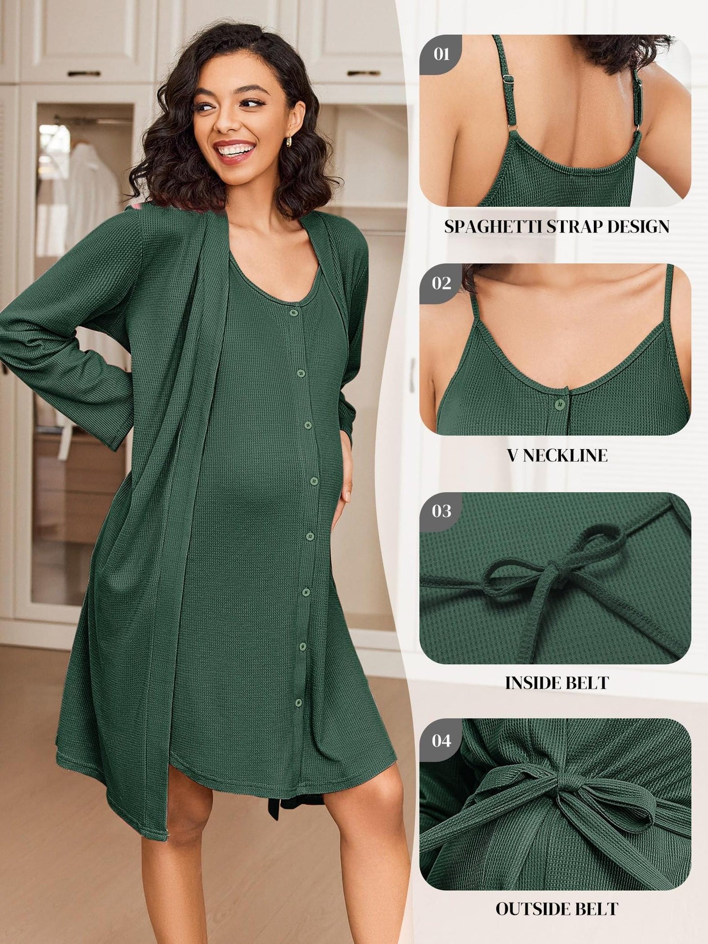 Nursing Maternity Nightgown and Robe Set - 2pcs,  Suitable for Prenatal And Postpartum Lounge wear