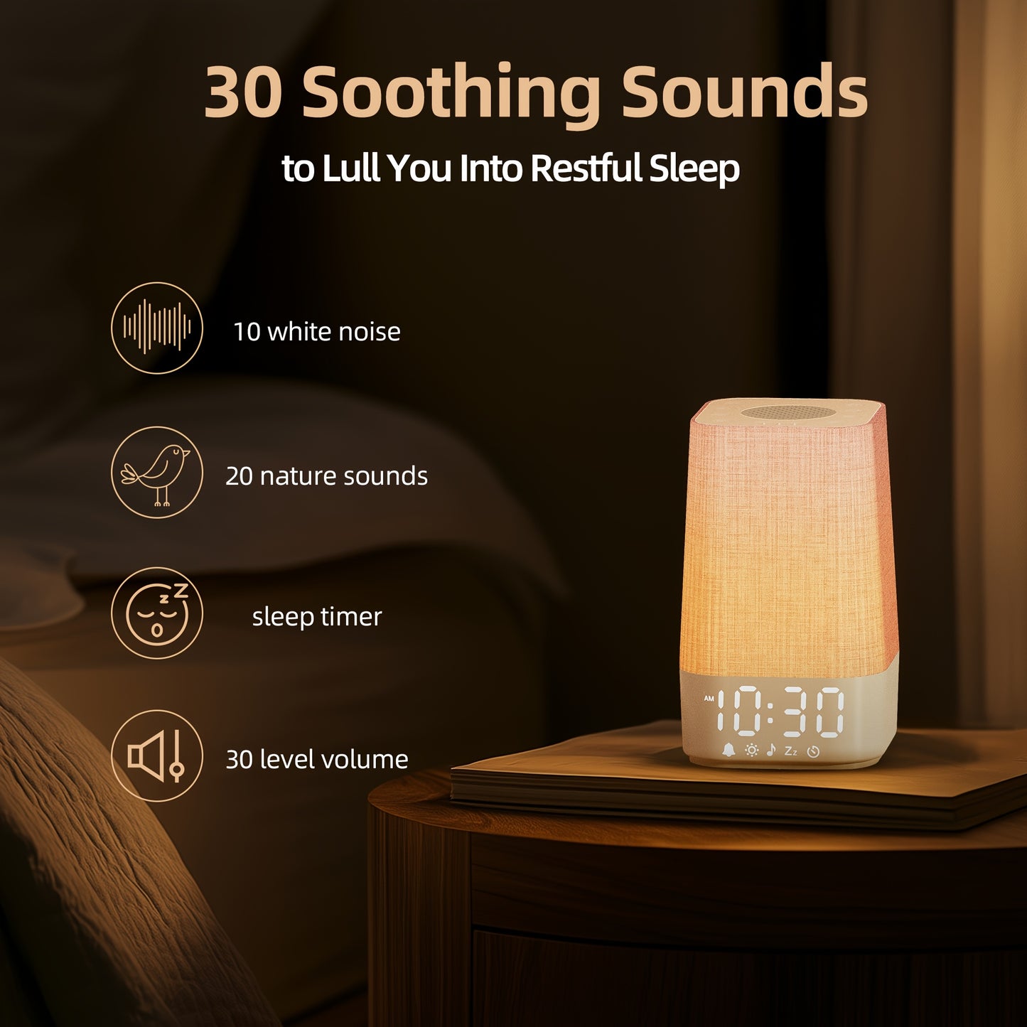 White Noise Machine with 7 Alarm Sounds & 20 Relaxing Music Tracks - Adjustable Volume, Night Light & Timer Suitable for Sleep, Focus Aid - Digital Alarm Clock with Soothing Sound Generator for Adults, Babies and Kids Bedside