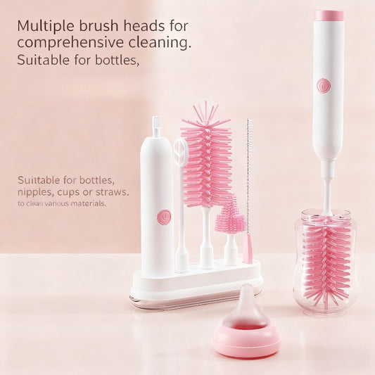 Electric Rechargeable Baby Bottle Cleaner System - Automatic Brush & Drying Rack, Space-Saving Multi-Component Kit for Bottles, Nipples, Straws - Plastic Travel Bottle Brush Care Kit