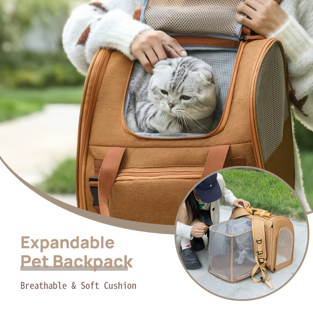 Airline Approved Expandable Cat Backpack Carrier - Breathable 4-Sided Mesh Ventilation & Locking Zippers | Heavy Duty Steel Frame for Small Medium Dogs | Triple Safety Straps & Easy Clean Travel Pet Backpack