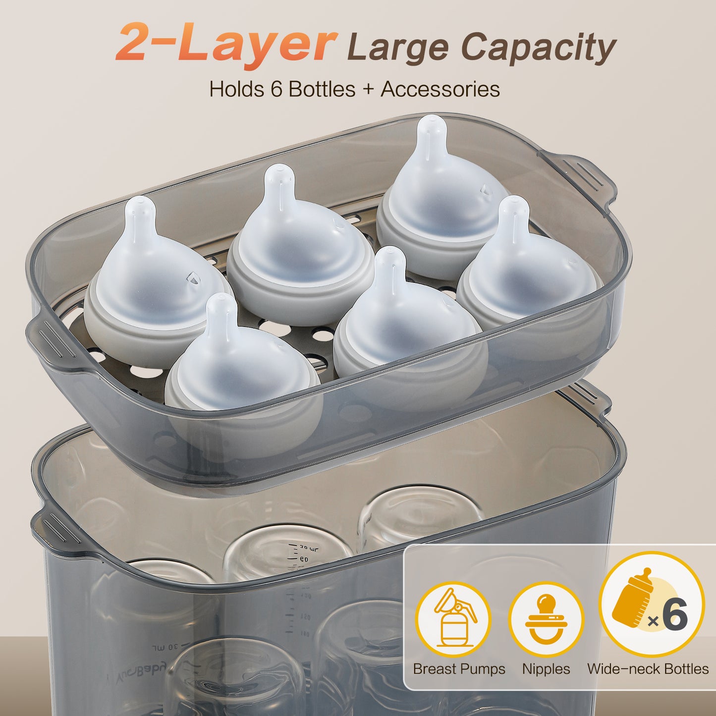 Baby Bottle Steamer and Dryer, 4-in-1 Universal Fit for All Bottles, Easy Control Electric Steam Bottle Dryer for Baby Stuffs & Breast Pump Accessories, LED Touch Screen, Auto Shut-Off, 2 Colours