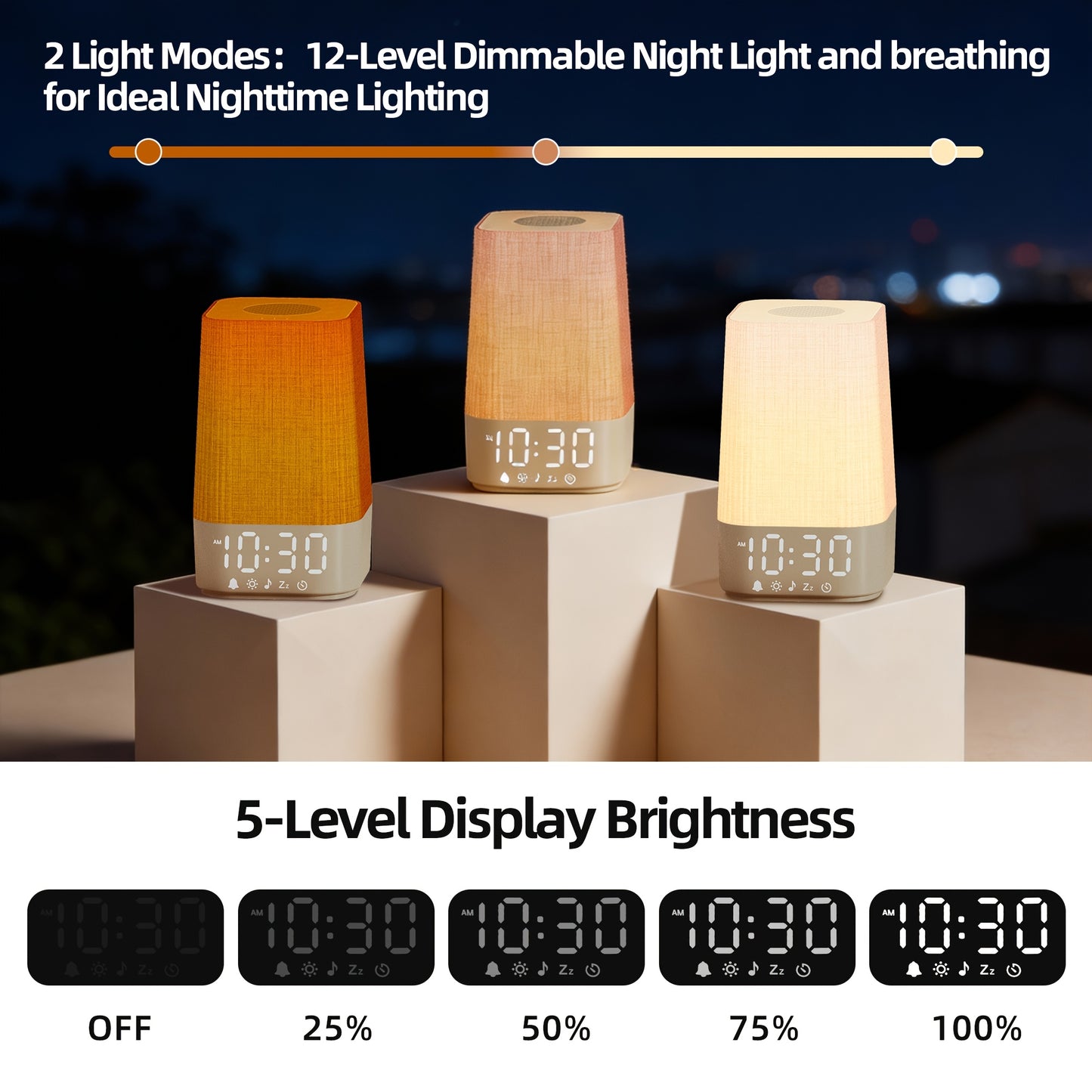 White Noise Machine with 7 Alarm Sounds & 20 Relaxing Music Tracks - Adjustable Volume, Night Light & Timer Suitable for Sleep, Focus Aid - Digital Alarm Clock with Soothing Sound Generator for Adults, Babies and Kids Bedside