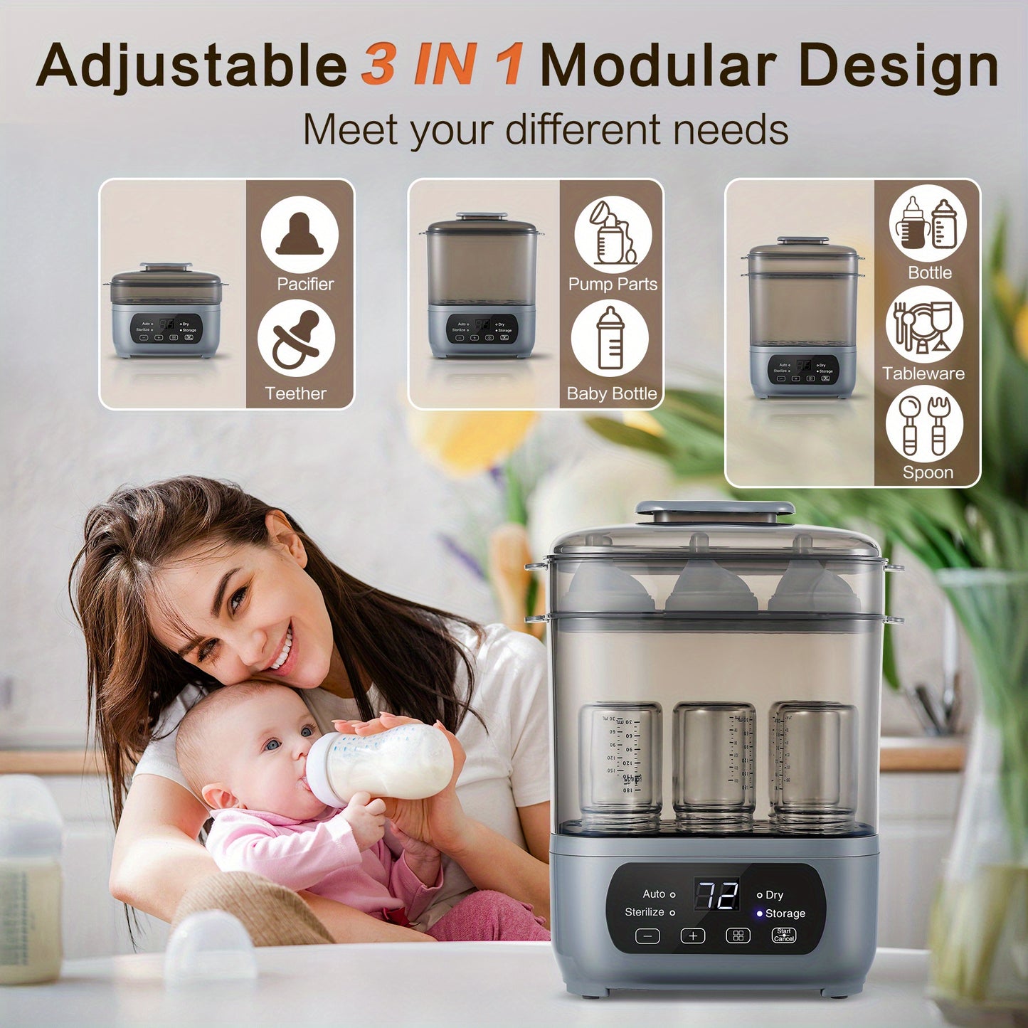 Baby Bottle Steamer and Dryer, 4-in-1 Universal Fit for All Bottles, Easy Control Electric Steam Bottle Dryer for Baby Stuffs & Breast Pump Accessories, LED Touch Screen, Auto Shut-Off, 2 Colours