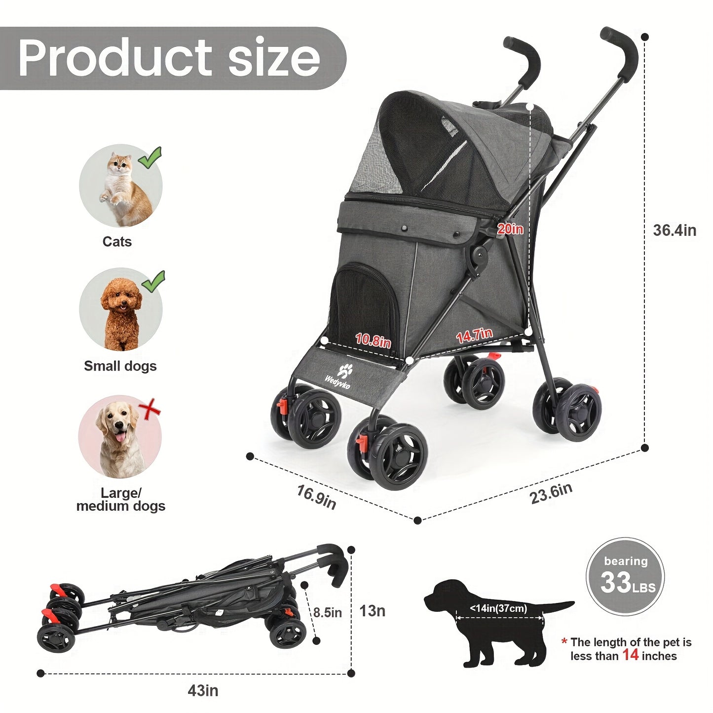 Wedyvko Travel Portable Dog Stroller, Pet Stroller for  Puppy Dogs & Cats, Up to 33 Lbs