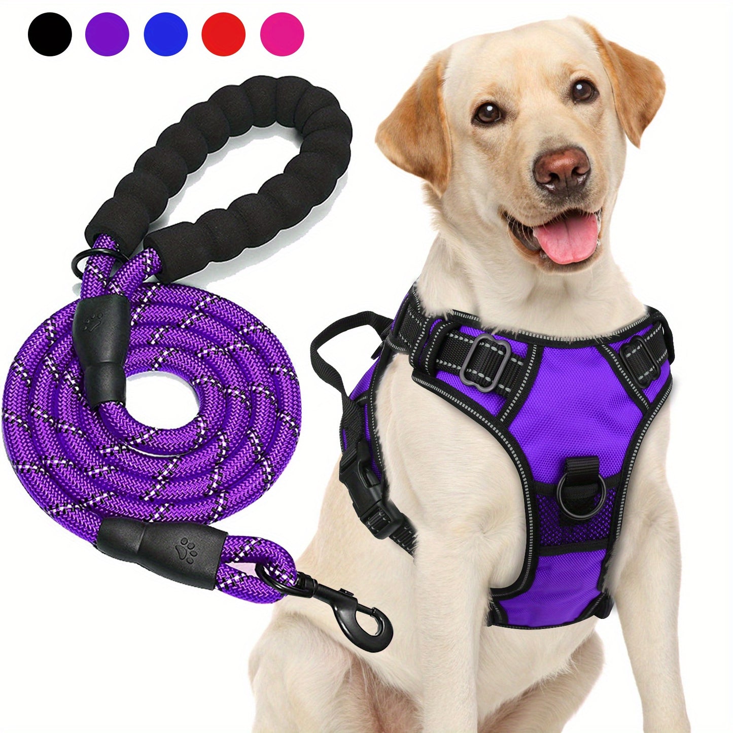 JOYTALE Adjustable Reflective Oxford Dog Harness and Rope Set | Easy Control for Medium to Large Dogs, Includes Free Heavy 5-Foot Dog Rope