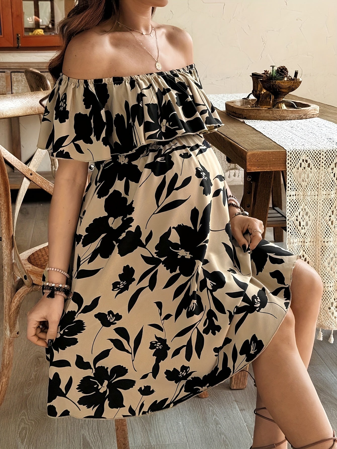 Maternity Floral Print Off-Shoulder - Flowy A-Line Dress with & Floral Pattern, Non-Stretchy Fabric for Pregnancy, Casual & Formal Events
