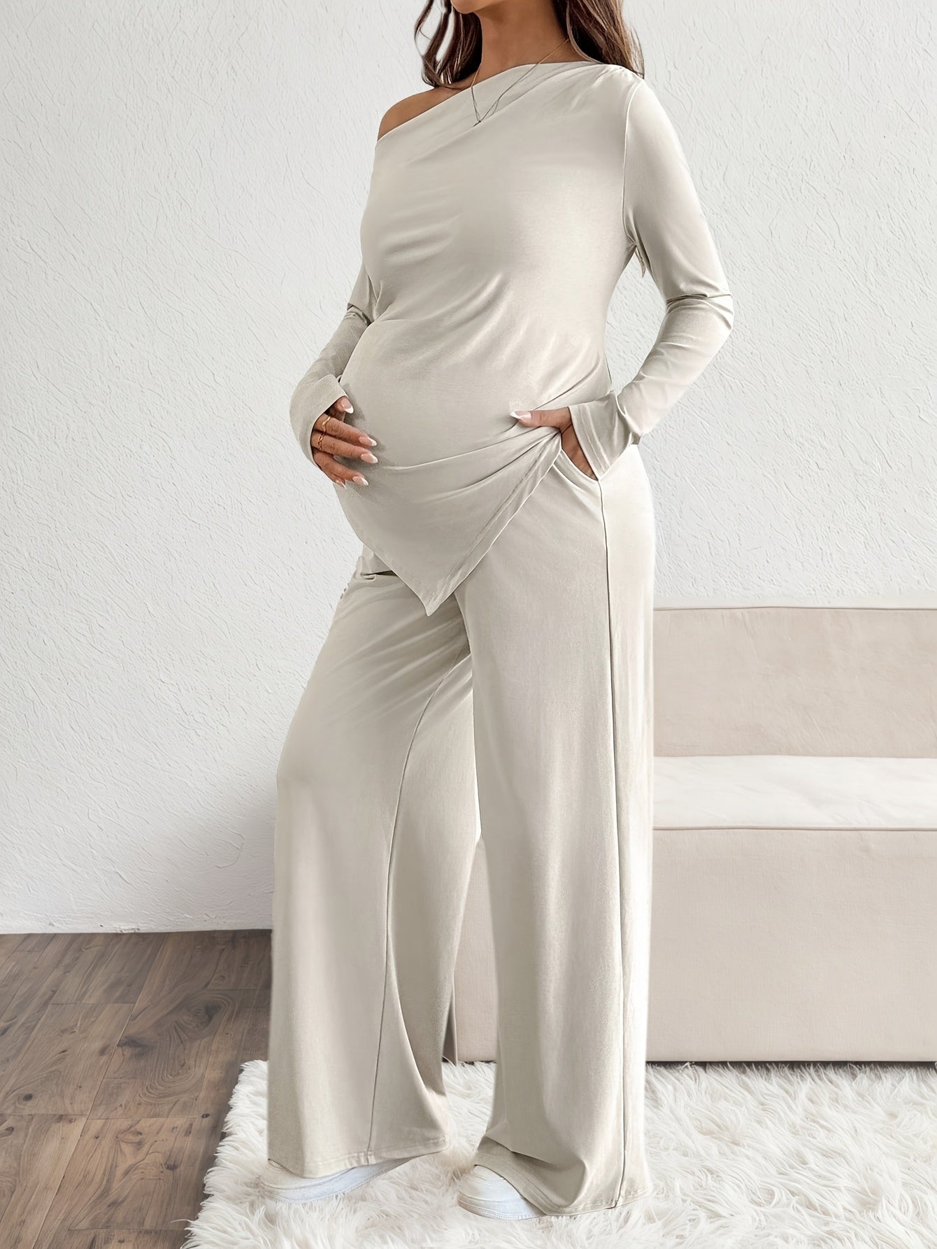 Maternity Casual Solid Color Asymmetrical Top and Pants 2pc Set, Spring and Autumn