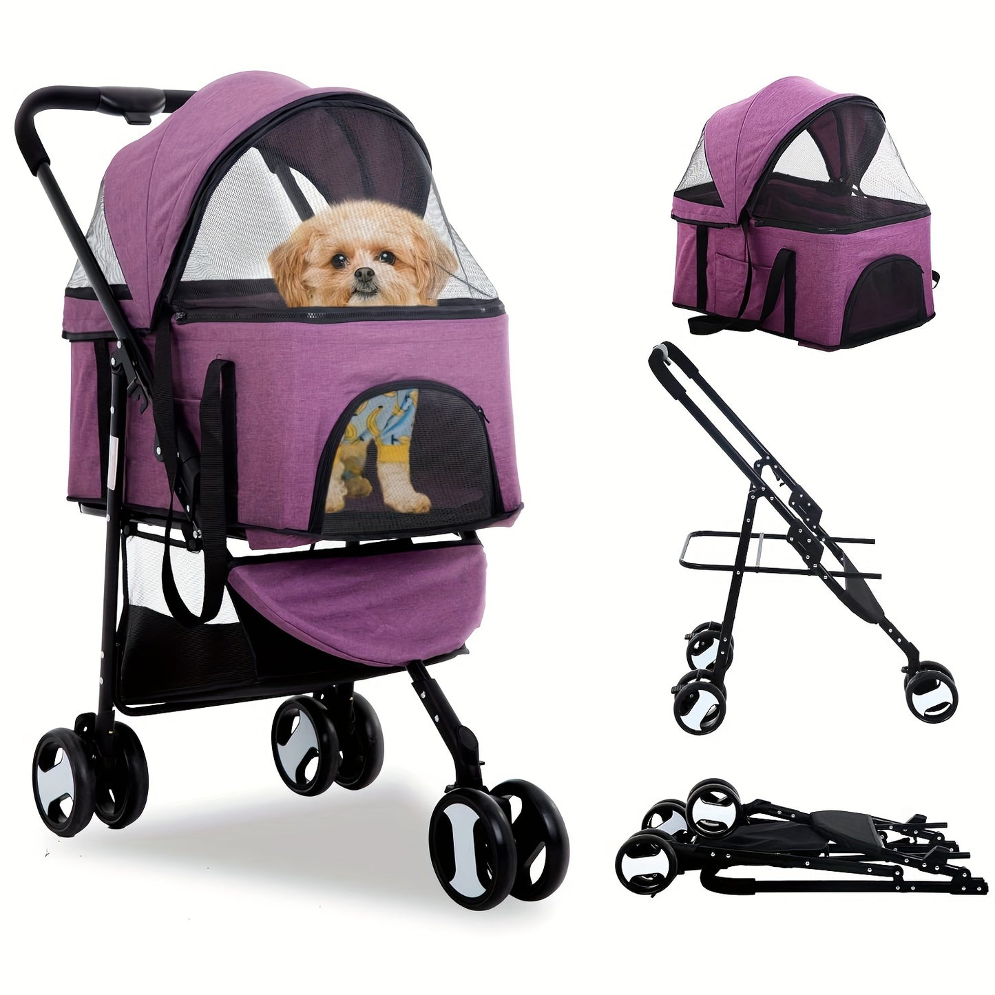 3-in-1 Multifunction Dog Stroller Pet Cat Premium | Jogger Stroller for Medium Small Dogs Cats Detachable Carrier with Storage Basket Waterproof Lightweight Folding for Travel