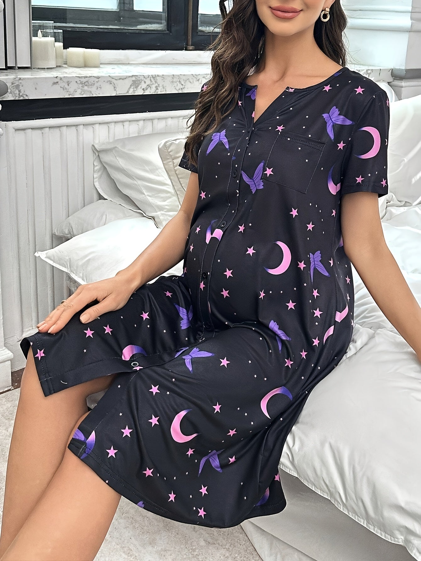 Maternity Nightgown - Purple Butterfly & Pink Moon Star Print Short Sleeve Button-Front Sleep Dress, Machine Washable Regular Fit Pajamas for Pregnancy & Nighttime Comfort, Maternity Clothes