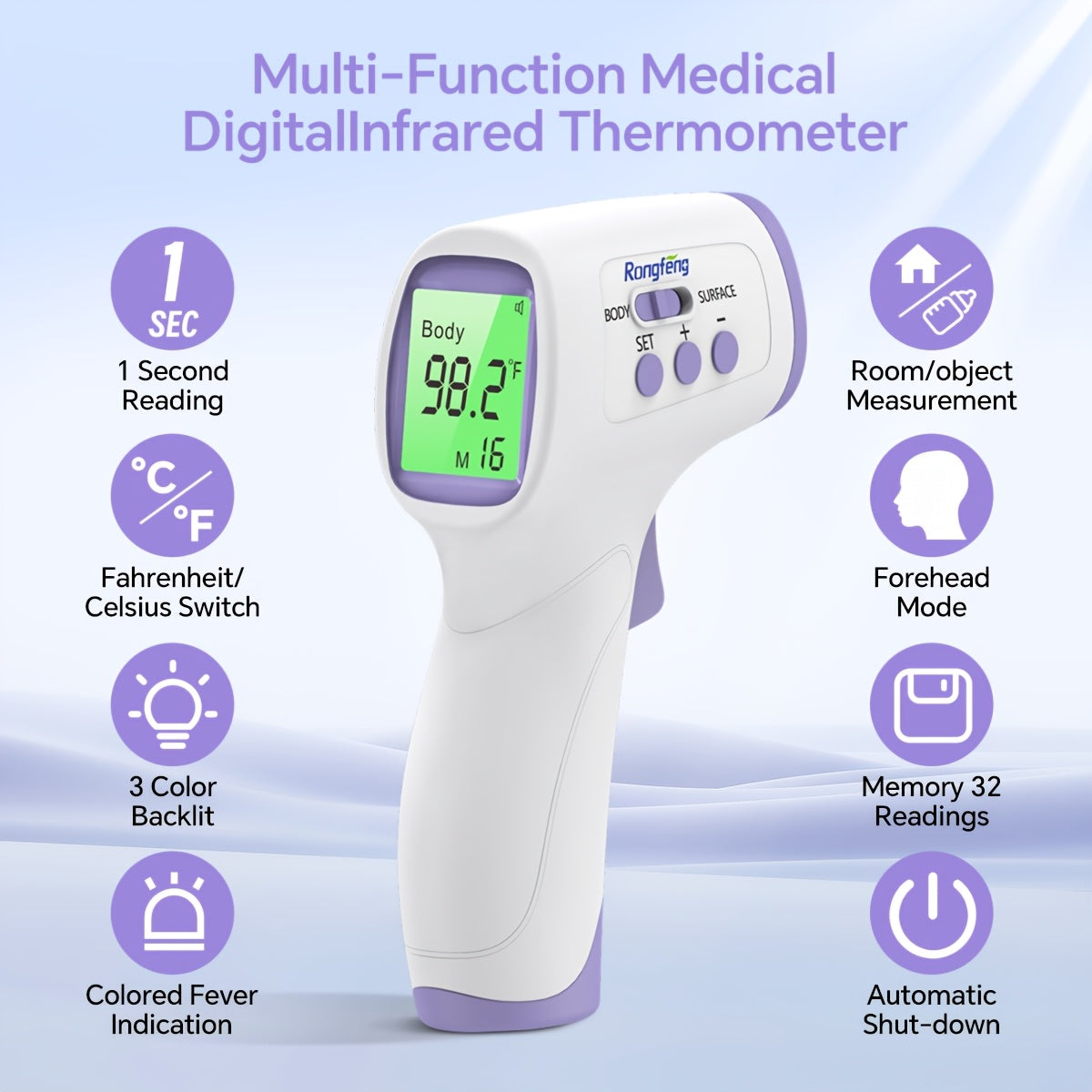 3-in-1 Contactless Forehead Thermometer for All Ages & with LCD Display, Fever Alarm, Silent & Memory Modes - Non-Contact Infrared Thermometer Suitable for Health Monitoring, Travel, Childcare - Ideal Gift!