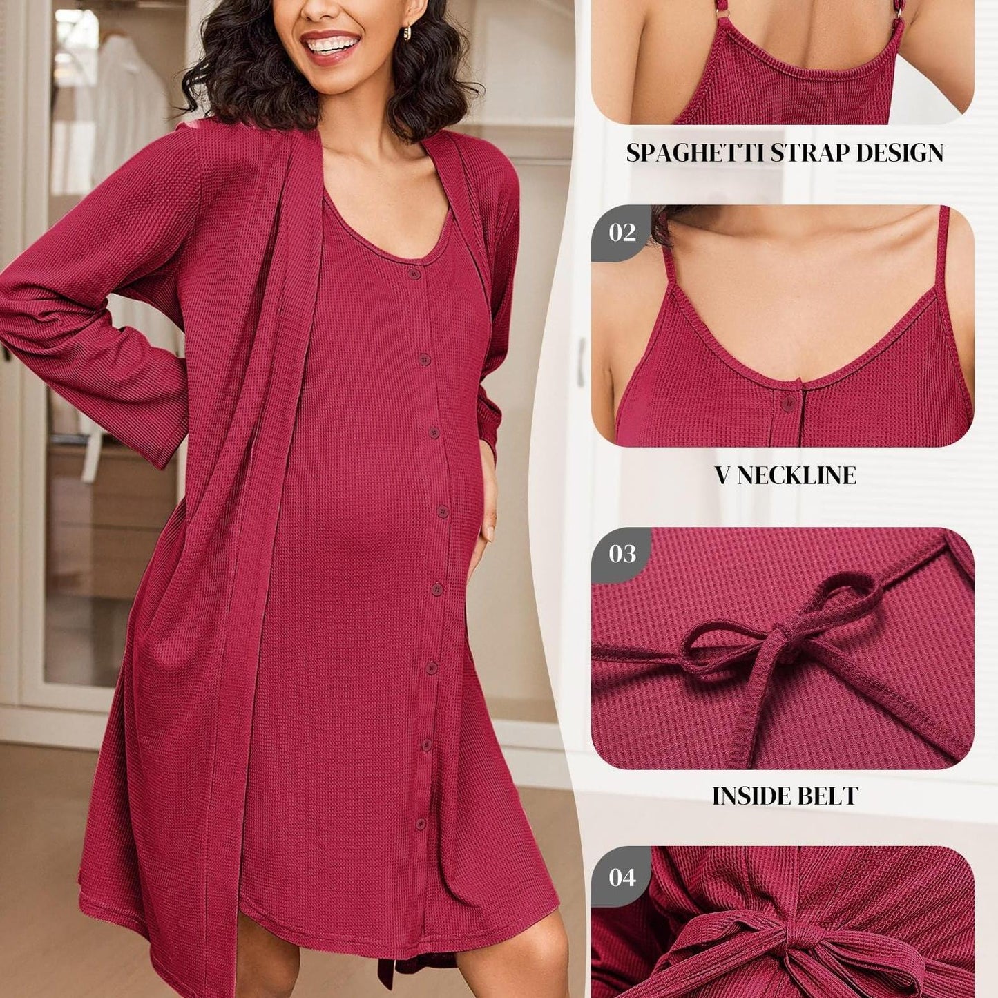 Nursing Maternity Nightgown and Robe Set - 2pcs,  Suitable for Prenatal And Postpartum Lounge wear