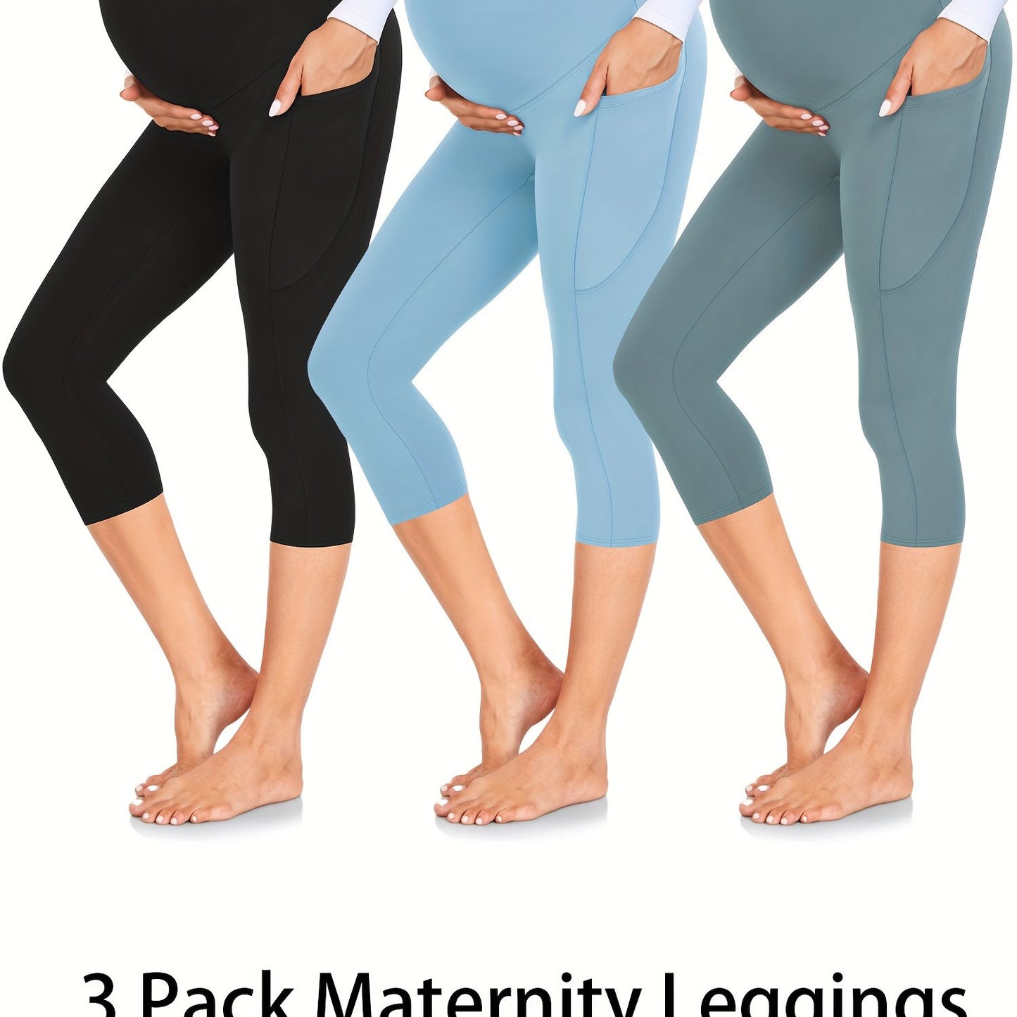 3 Pack Maternity Leggings with Pockets Over The Belly, Womens Workout Yoga Pregnancy Pants - Soft Workout Pregnancy Yoga Pants