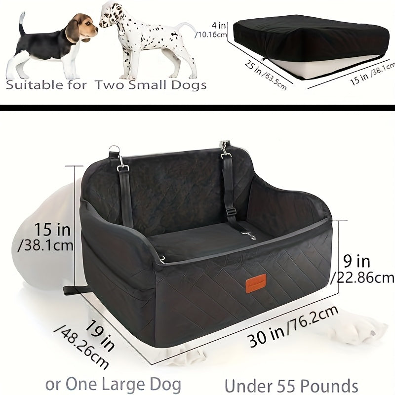 Memory Foam Dog Seat | Comfortable Car Dog Seat for Two Small Dogs or Large Dog up to 55lbs with Side Pockets and 3 Clip-on Safety Leashes, Plush Material, 30in x 19in