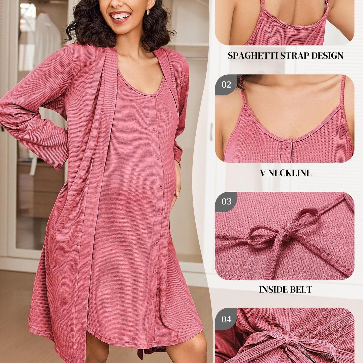 Nursing Maternity Nightgown and Robe Set - 2pcs,  Suitable for Prenatal And Postpartum Lounge wear