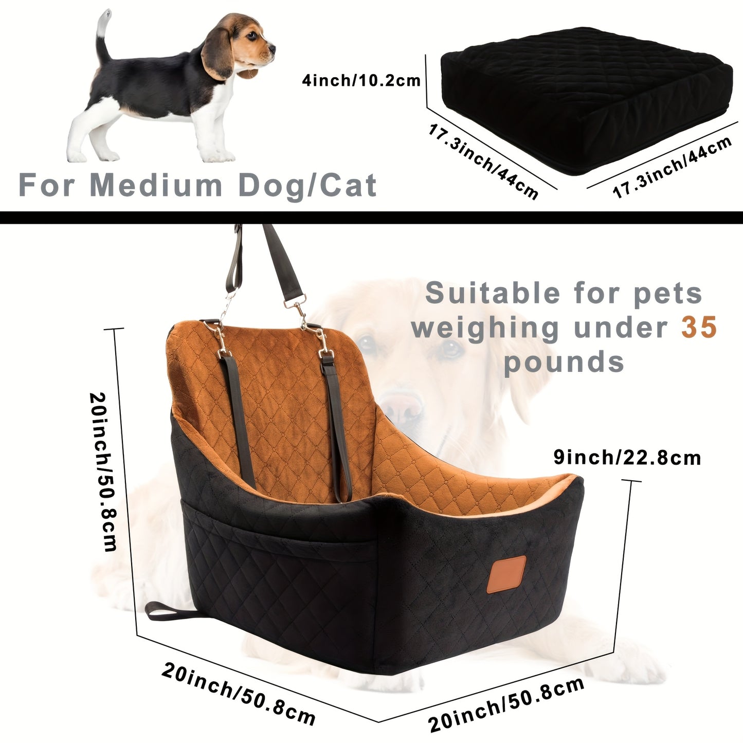 Adjustable, Washable Dog Car Seat for Medium and Large Dogs | Pet Travel Car Bed with Seat Belt Pass-Through, Fully Removable, 3 Straps for Easy Installation