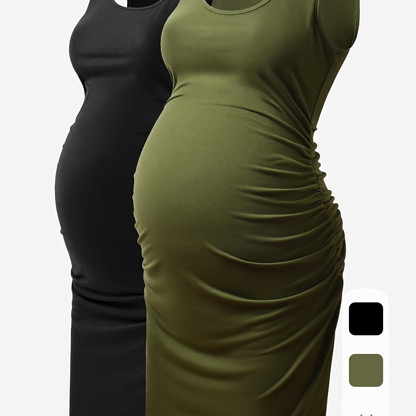 Maternity Tank Dresses - Women's Comfortable Crew-Neck Sleeveless Ruched Summer Dresses for Pregnant Women, All Seasons, Pregnancy Announcement Dresses - 2PCS