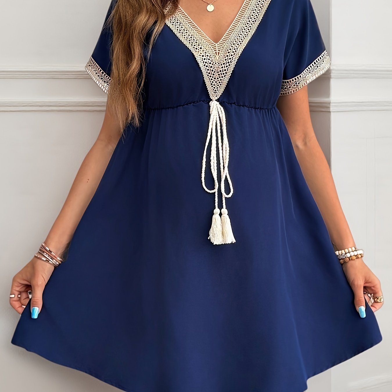 Maternity V-Neck - Ruffle Trim - Short Sleeve Dress | Medium Stretch, Solid Color, Flared Hem, Ideal for Spring and Summer