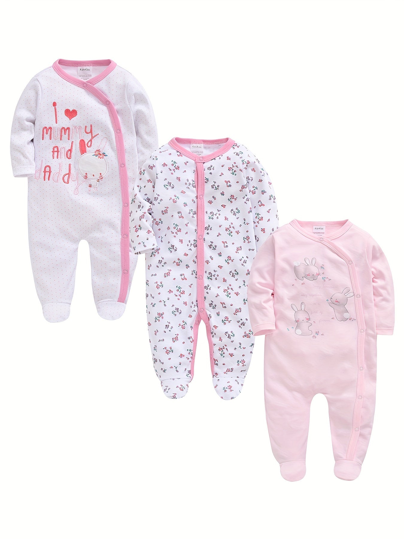 100% Cotton Print Newborn Baby Girl Soft Long Sleeve Footed Romper Cartoon Bunny Rabbit Floral, 0-12 Months