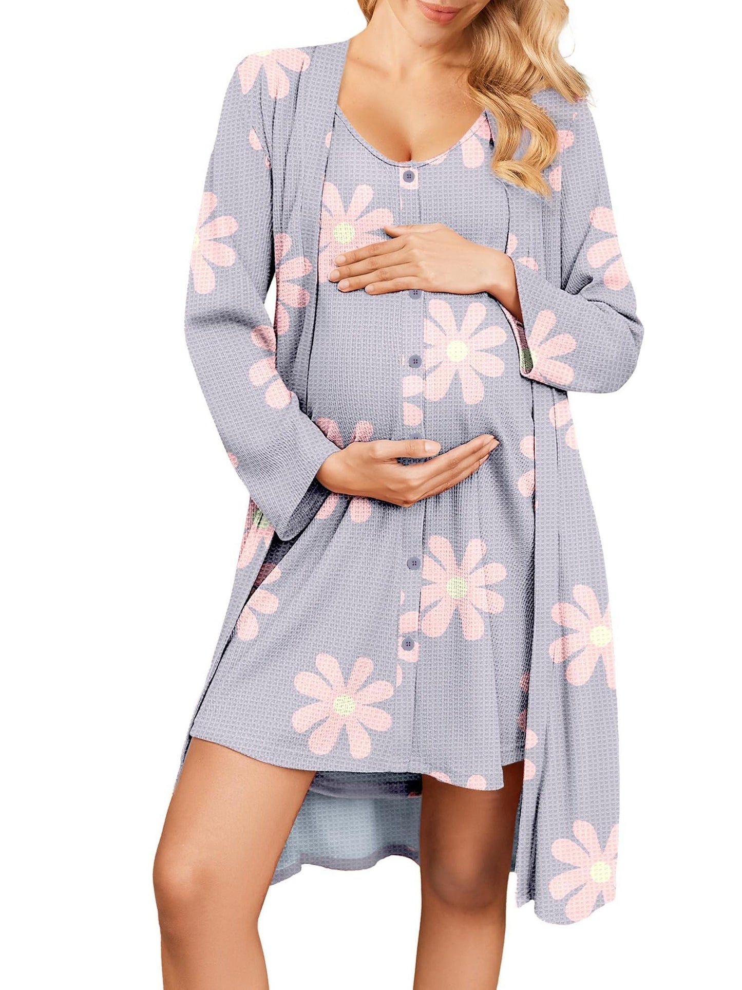 Nursing Maternity Nightgown and Robe Set - 2pcs,  Suitable for Prenatal And Postpartum Lounge wear