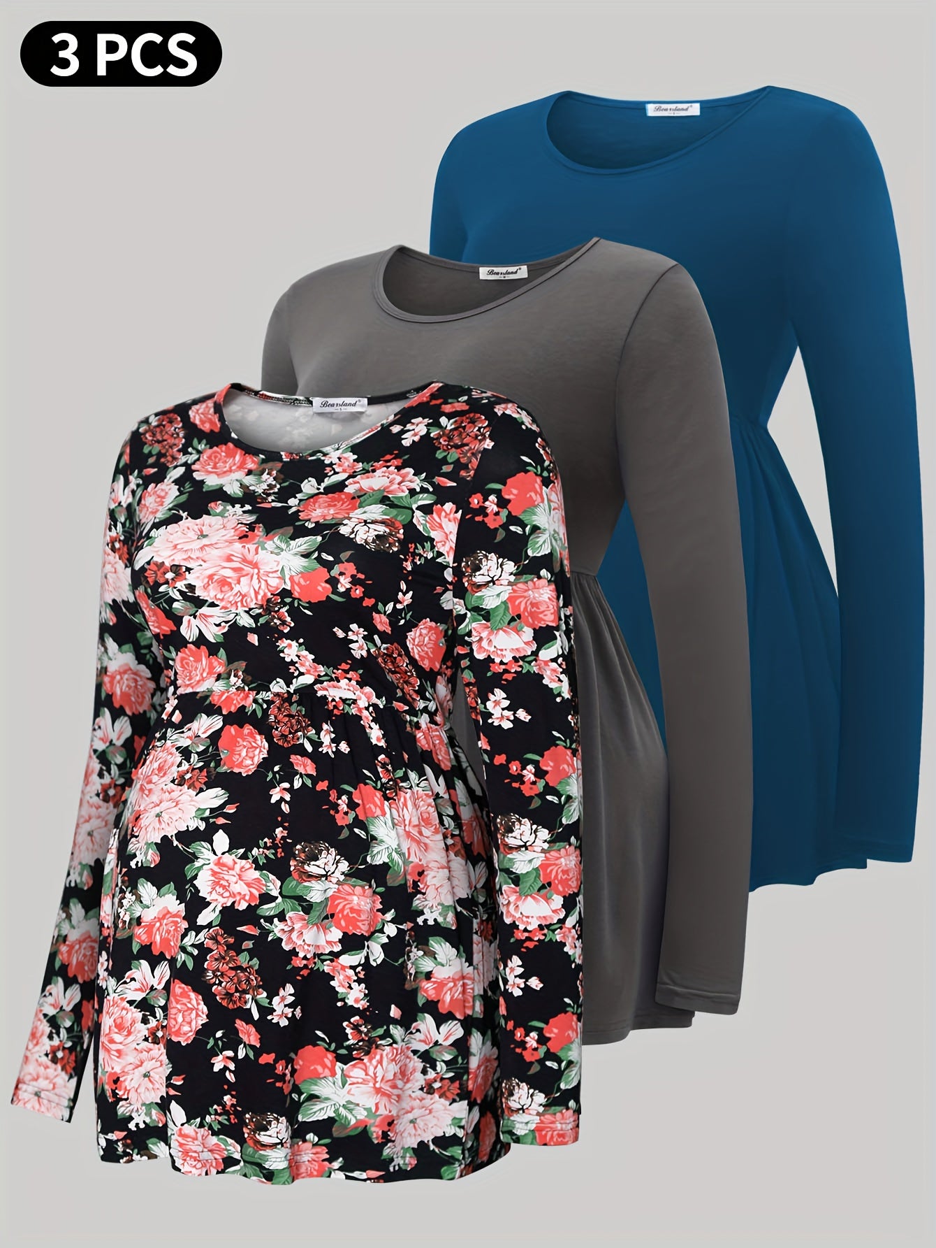 Maternity Long-Sleeve T-Shirts, Round Neck, Loose-Fitting, Comfortable Pregnancy Base Layer - Three-Pack Autumn/Winter