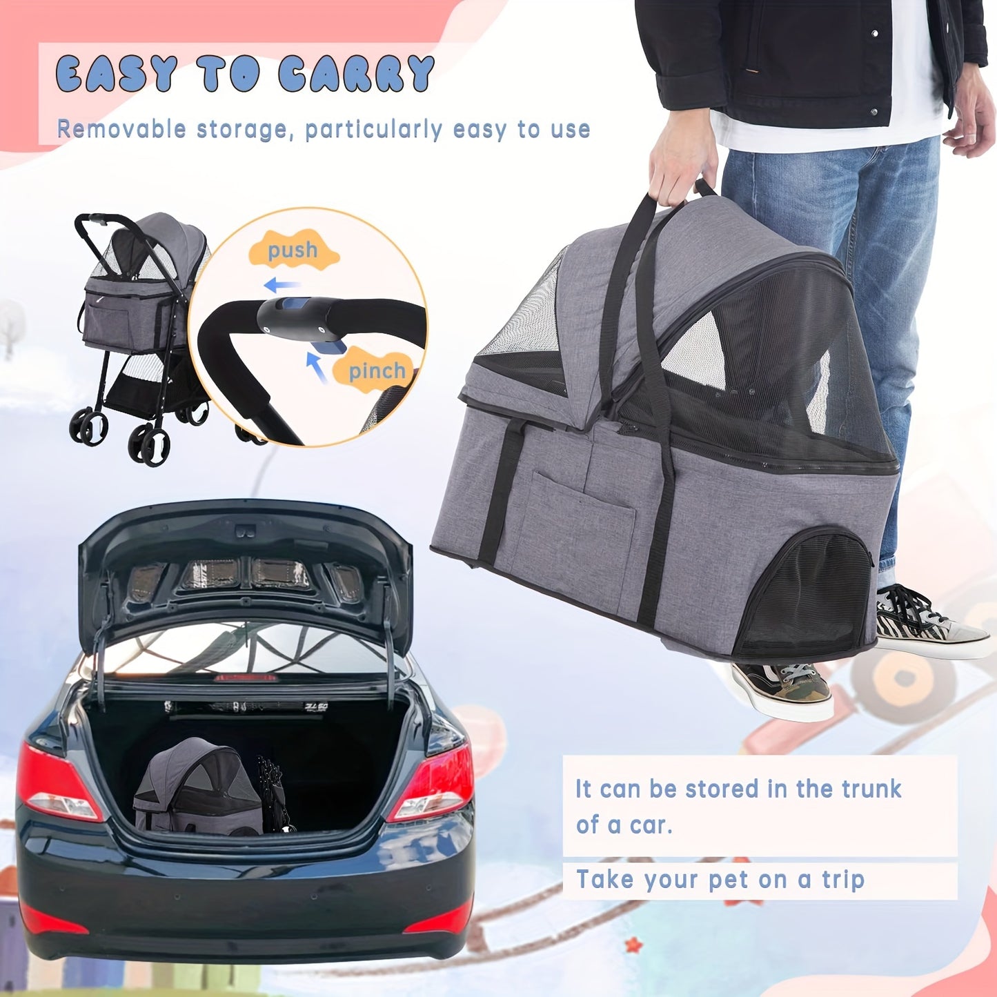 3-in-1 Multifunction Dog Stroller Pet Cat Premium | Jogger Stroller for Medium Small Dogs Cats Detachable Carrier with Storage Basket Waterproof Lightweight Folding for Travel