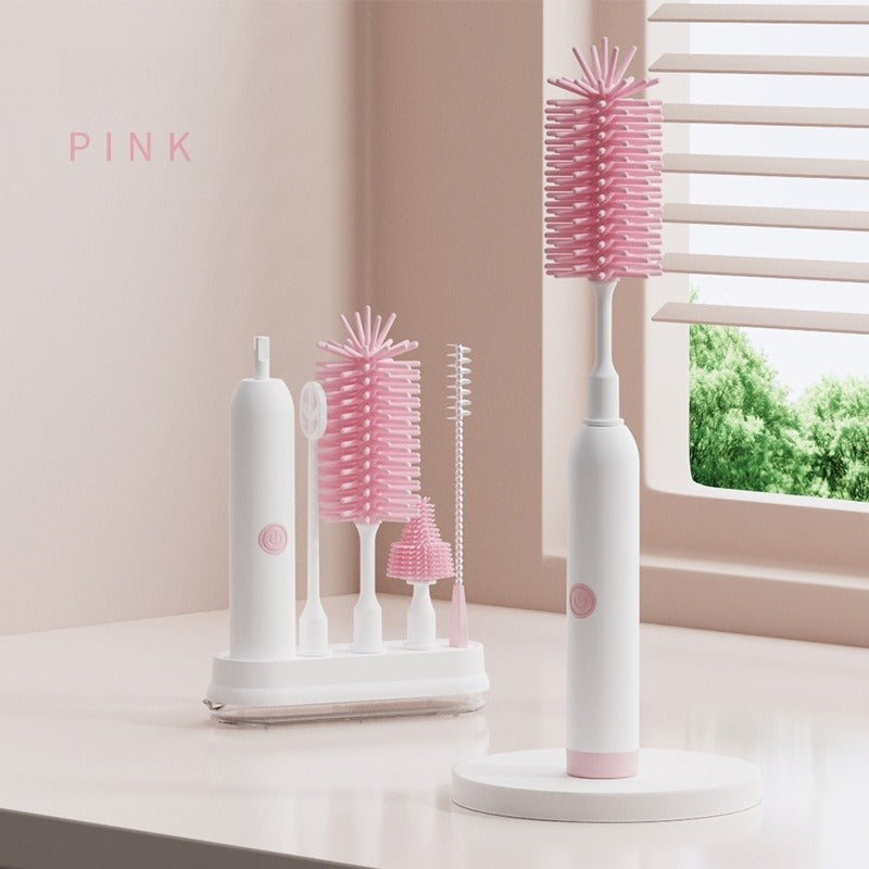 Electric Rechargeable Baby Bottle Cleaner System - Automatic Brush & Drying Rack, Space-Saving Multi-Component Kit for Bottles, Nipples, Straws - Plastic Travel Bottle Brush Care Kit