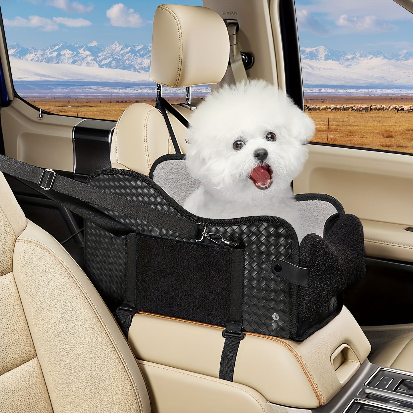 Comfortable Central Console Small/ Medium Dog/Cat Car Seat holds up to 12lbs/ 13.5in, Portable Cozy Booster Car Seat, Deluxe Pet Car Seat for Dogs & Cats with Safety Harness, Breathable Mesh & Soft Padding - for Safe & Comfor
