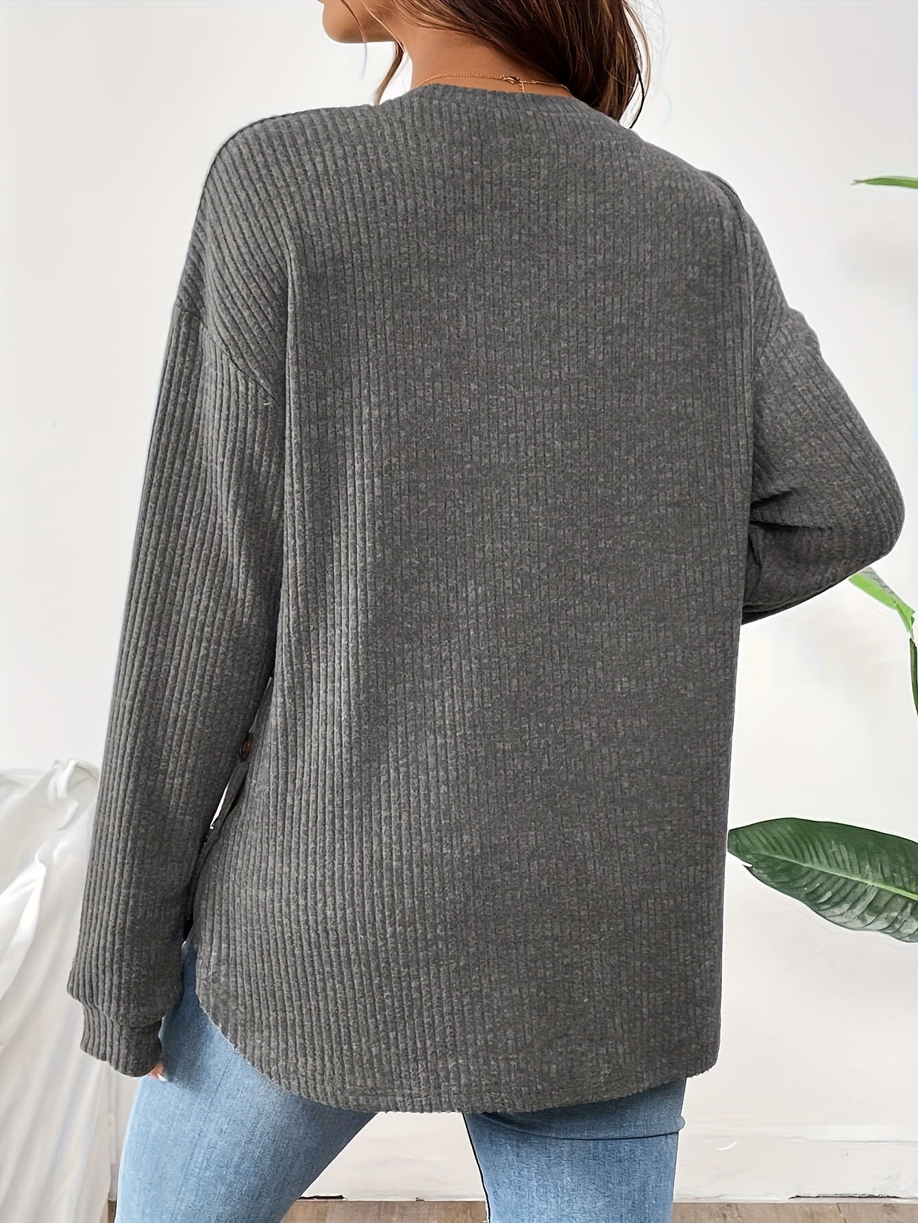Maternity Long Sleeve Lined Knit Pullover Top With Adjustable Buttons, Round Neck, Perfect For Daily Wear AutumnWinter