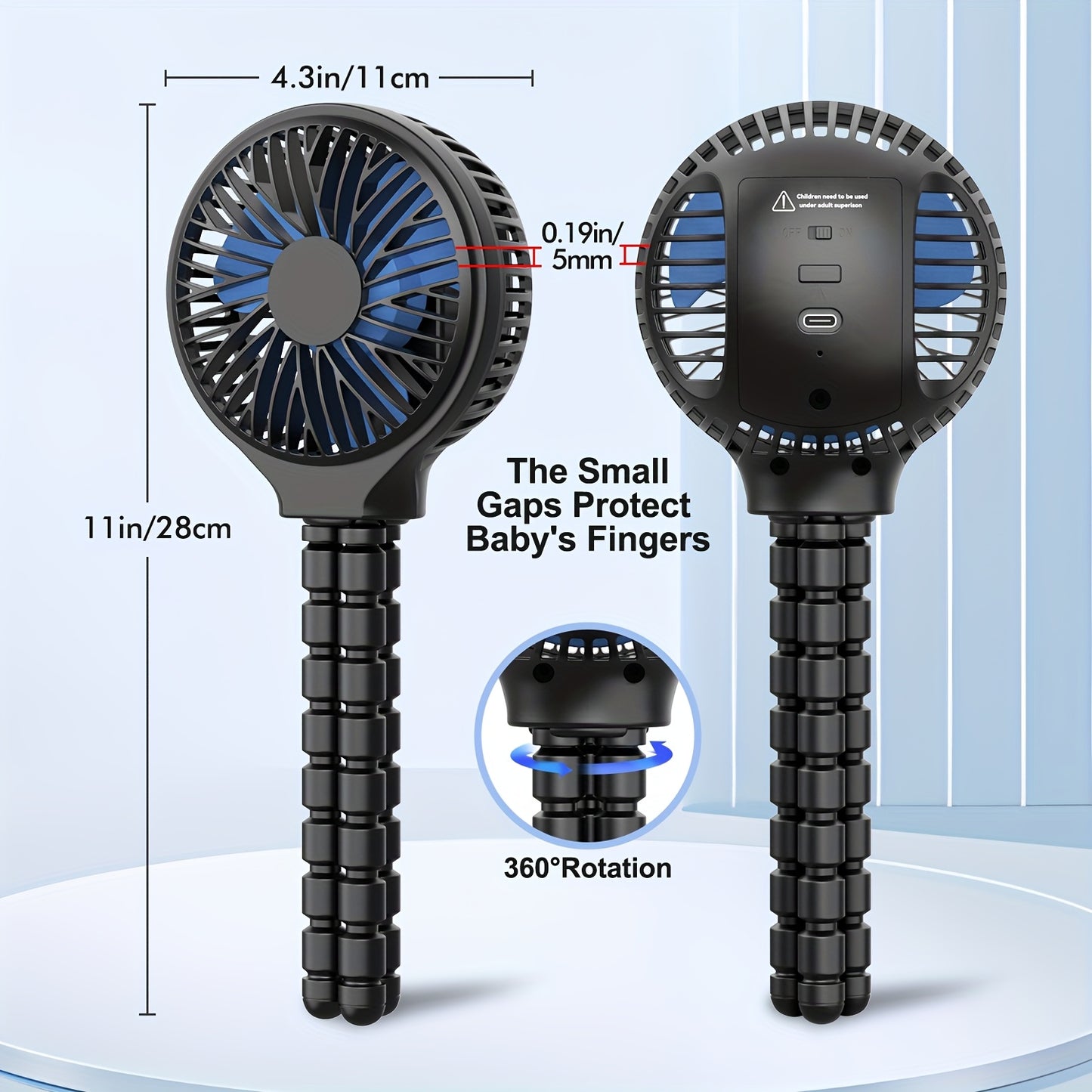 Rechargeable Portable Fan with 3 Speeds And Rotatable Handheld - Battery Powered Stroller Fan, Flexible Tripod Clip On Fan for Car Seat Crib Bike Treadmill